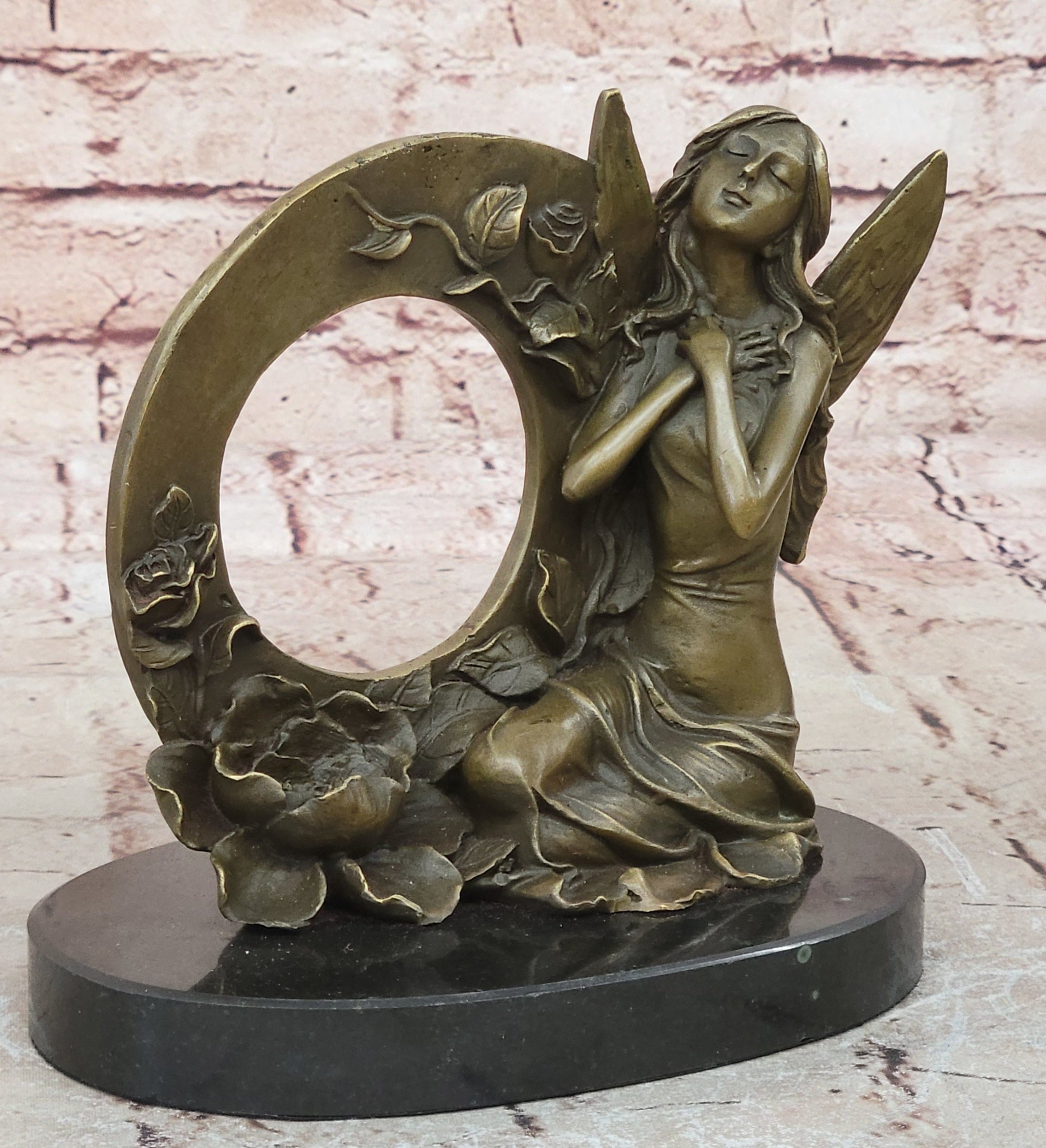 NUDE FAIRY 100% BRONZE FANTASY ART NOUVEAU WINGED WOOD NYMPH SCULPTURE STATUE