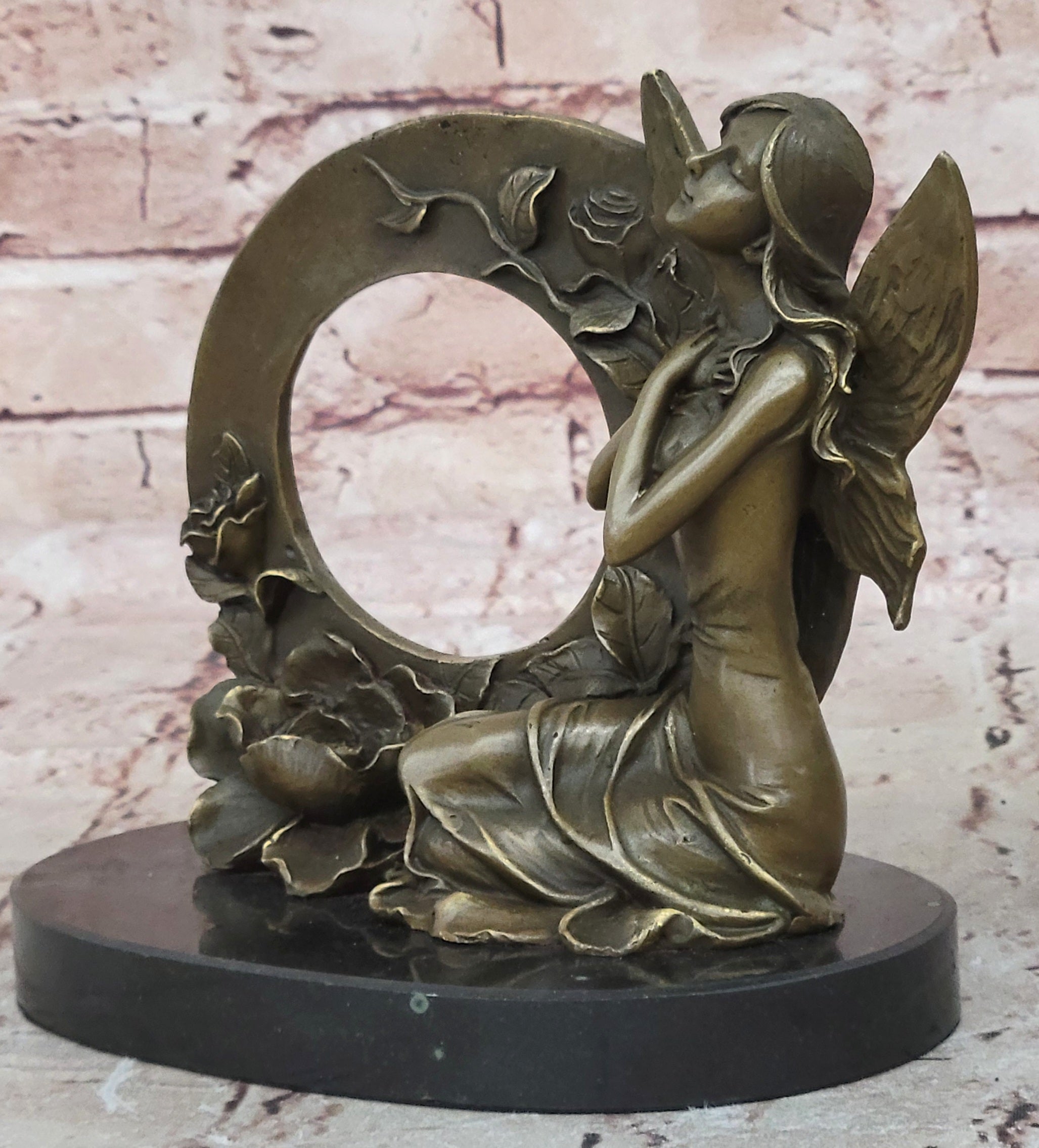 NUDE FAIRY 100% BRONZE FANTASY ART NOUVEAU WINGED WOOD NYMPH SCULPTURE STATUE