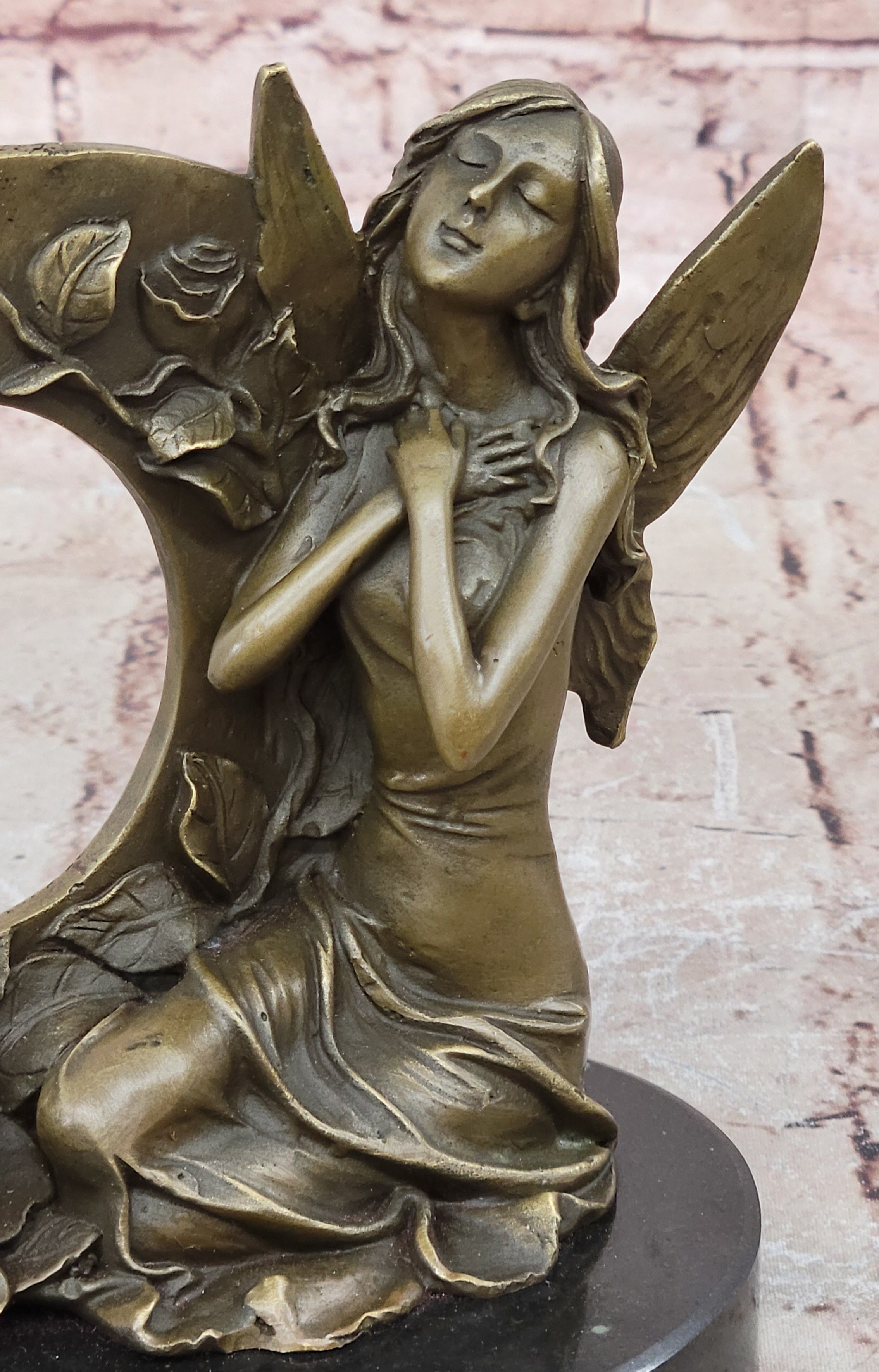 NUDE FAIRY 100% BRONZE FANTASY ART NOUVEAU WINGED WOOD NYMPH SCULPTURE STATUE