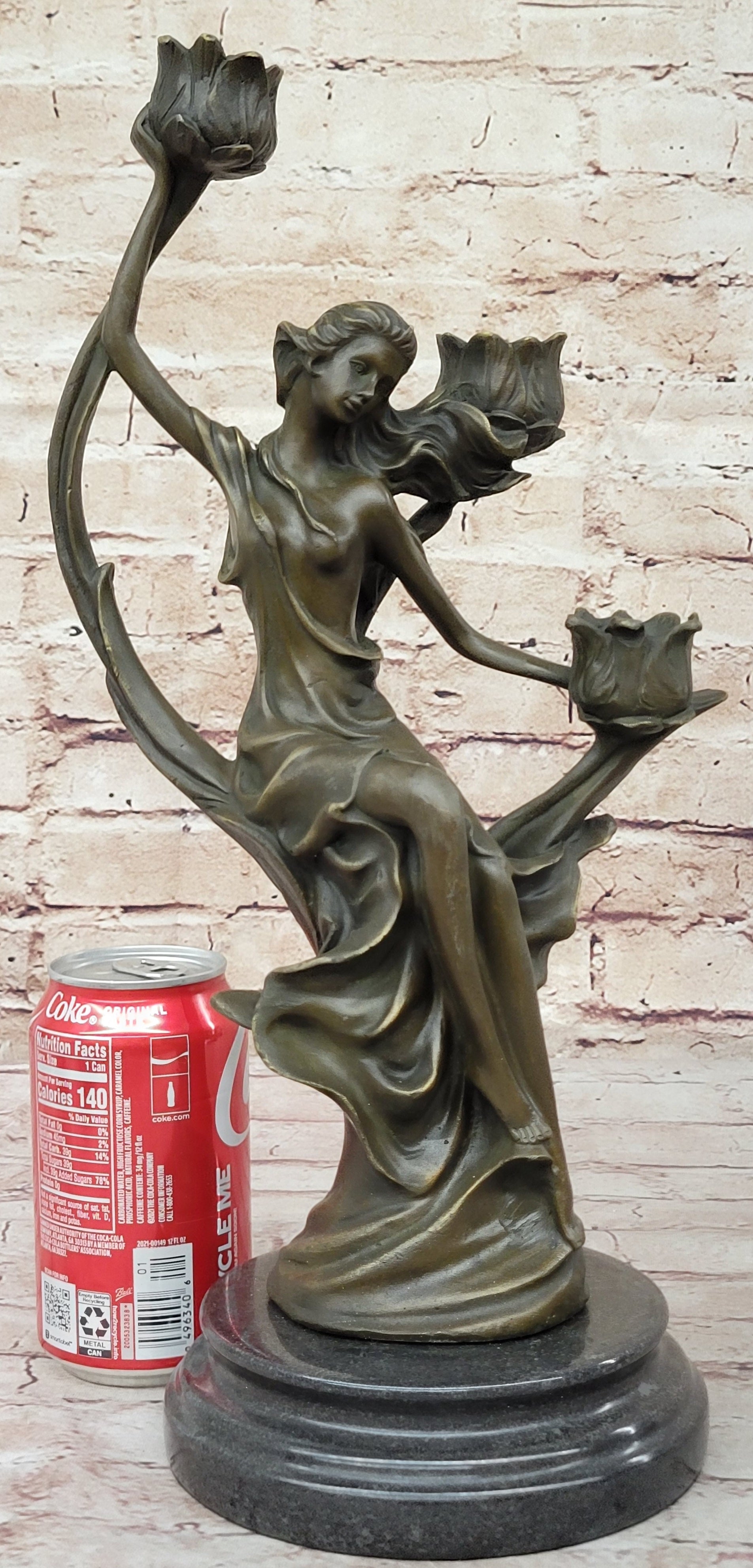 Hot Cast Hand Made Candle Holder Sexy Nymph with Flowers Bronze Statute Deal