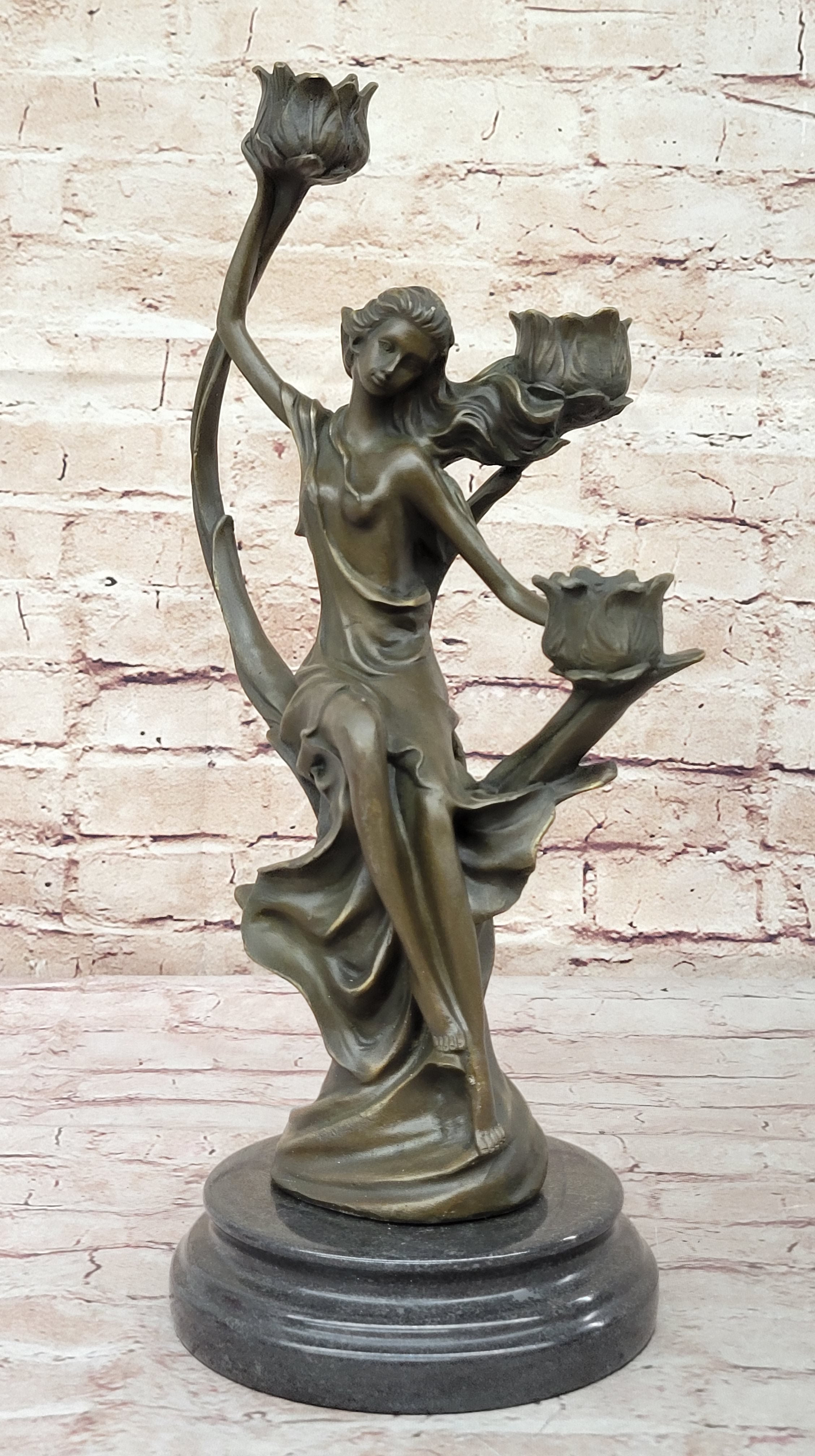 Hot Cast Hand Made Candle Holder Sexy Nymph with Flowers Bronze Statute Deal