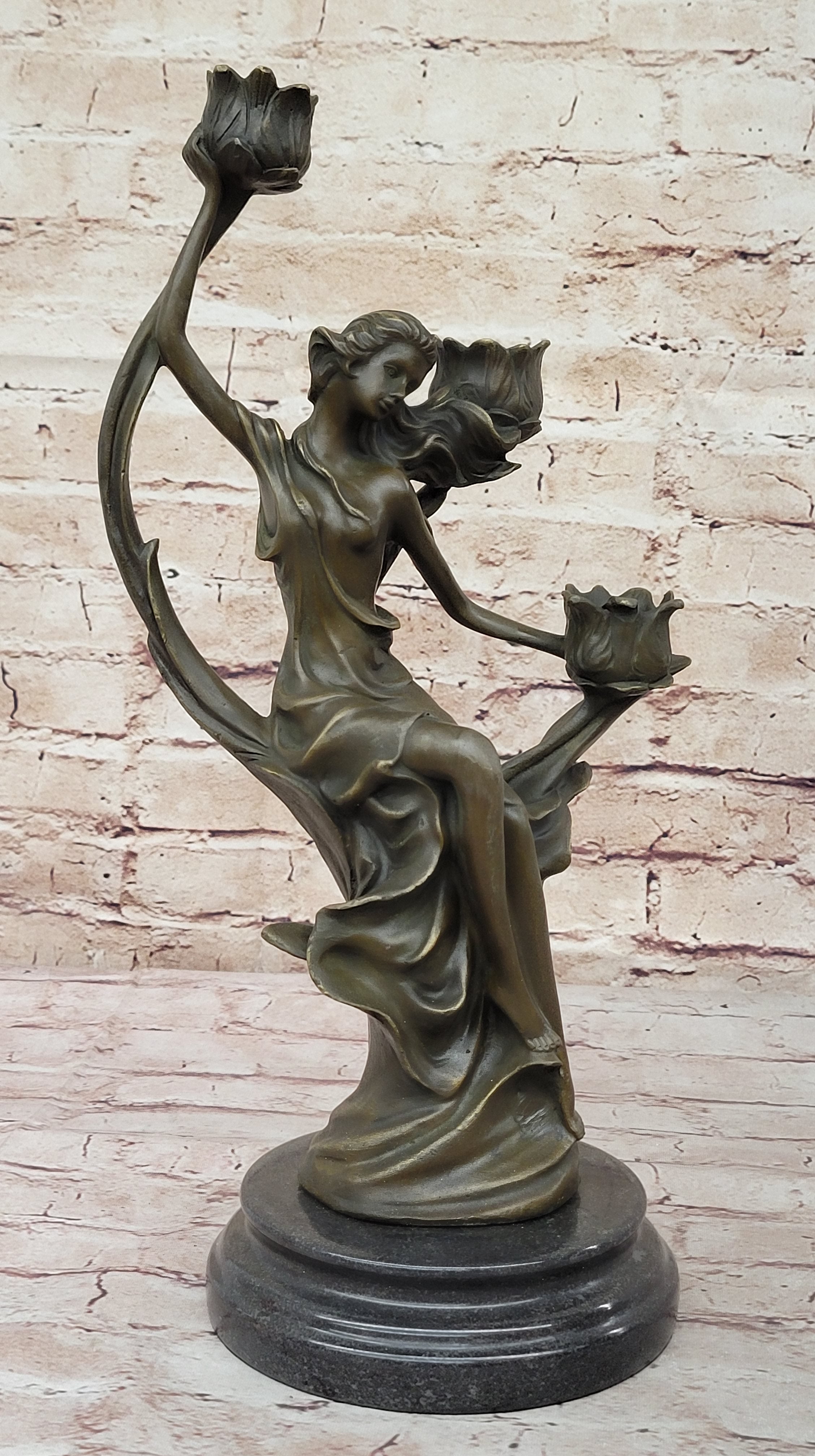 Hot Cast Hand Made Candle Holder Sexy Nymph with Flowers Bronze Statute Deal