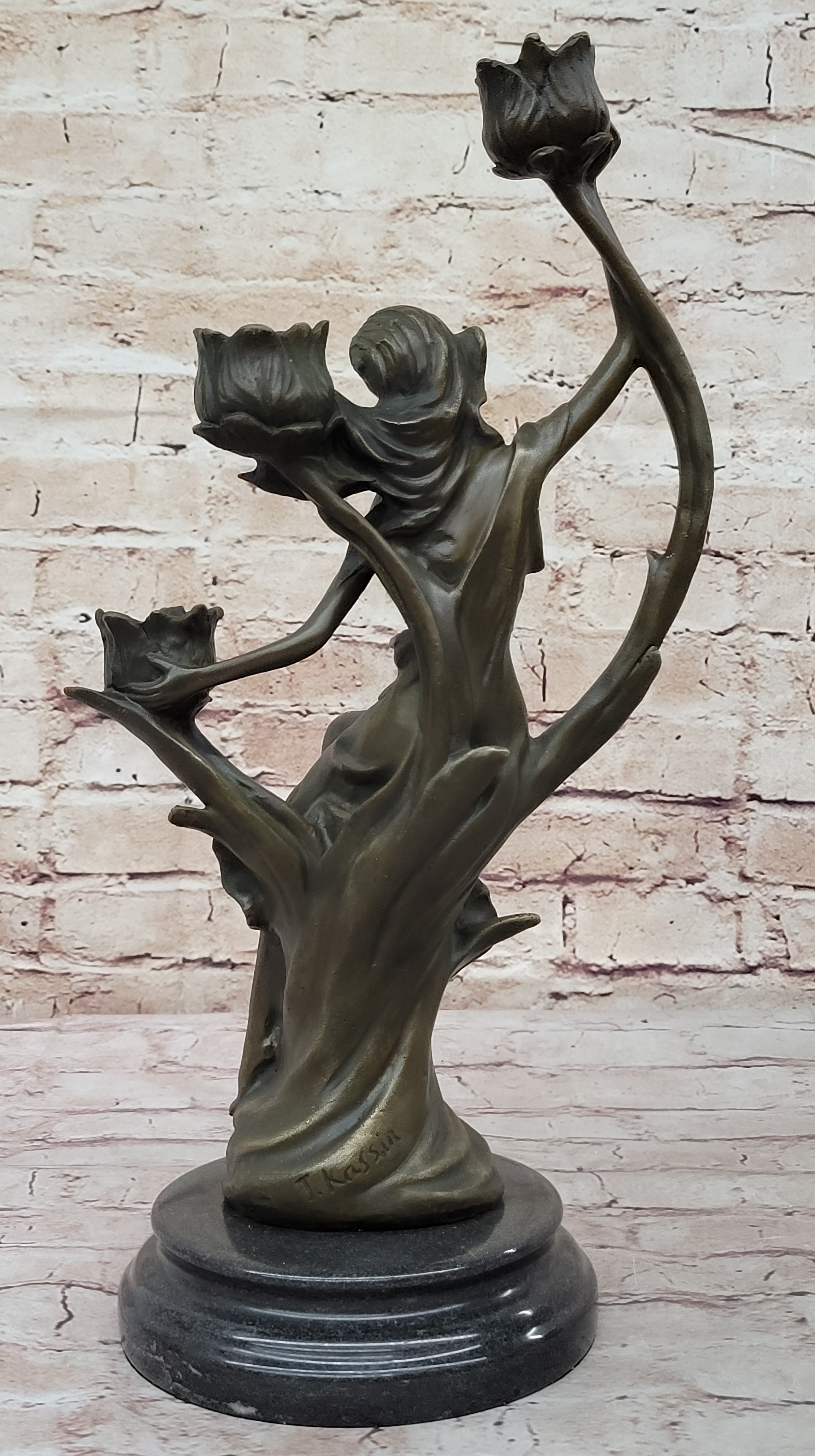 Hot Cast Hand Made Candle Holder Sexy Nymph with Flowers Bronze Statute Deal