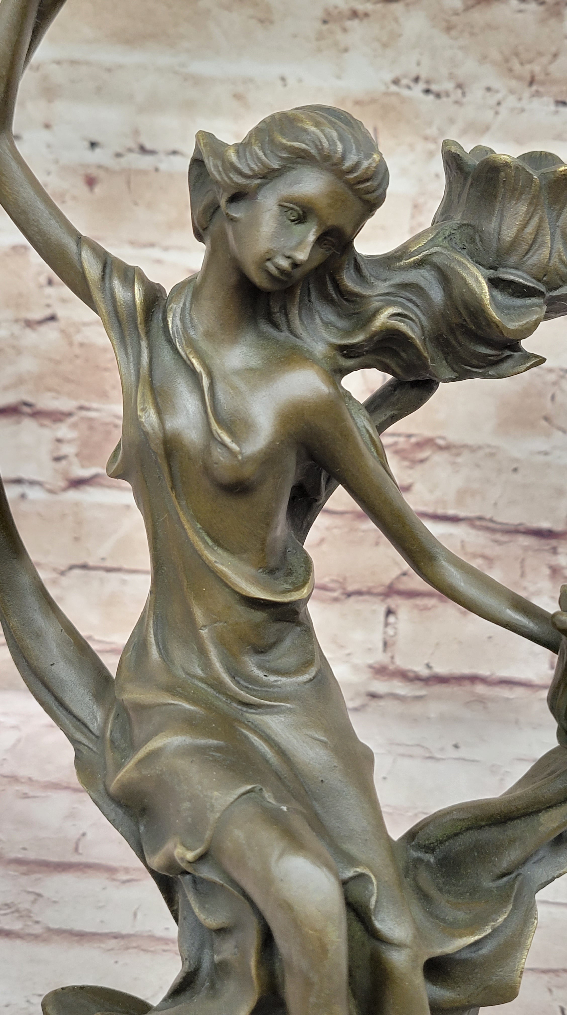 Hot Cast Hand Made Candle Holder Sexy Nymph with Flowers Bronze Statute Deal