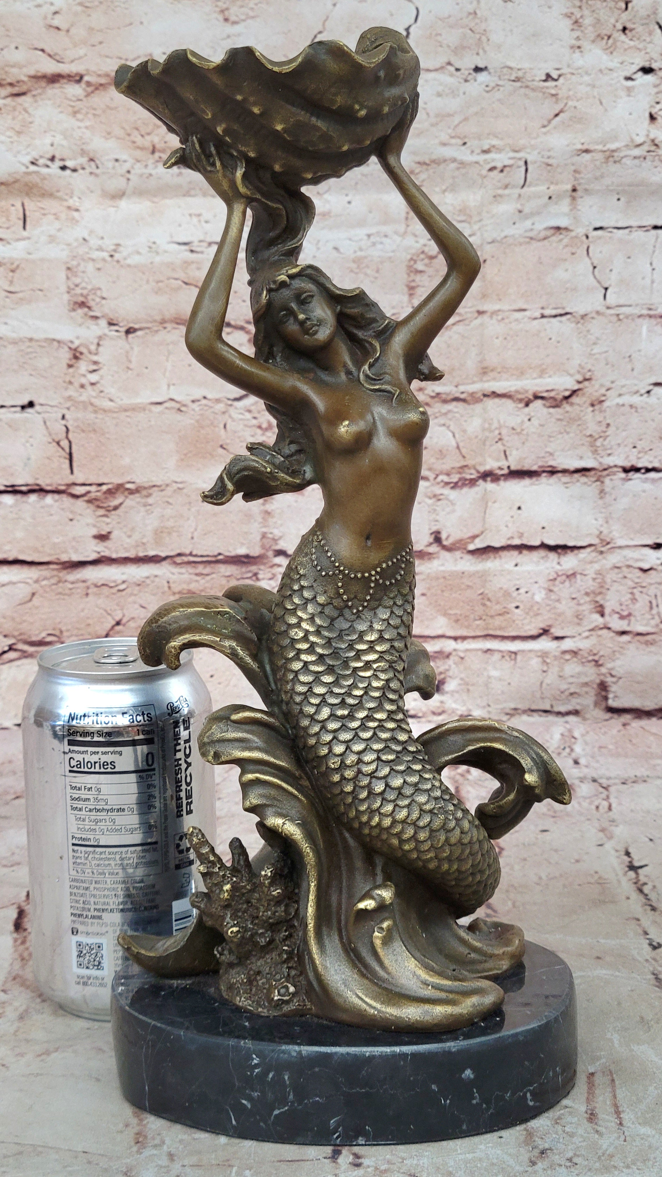 Hot Cast Nude Mermaid with Shell Candelabra Bronze Mythical Figurine-Figure Art