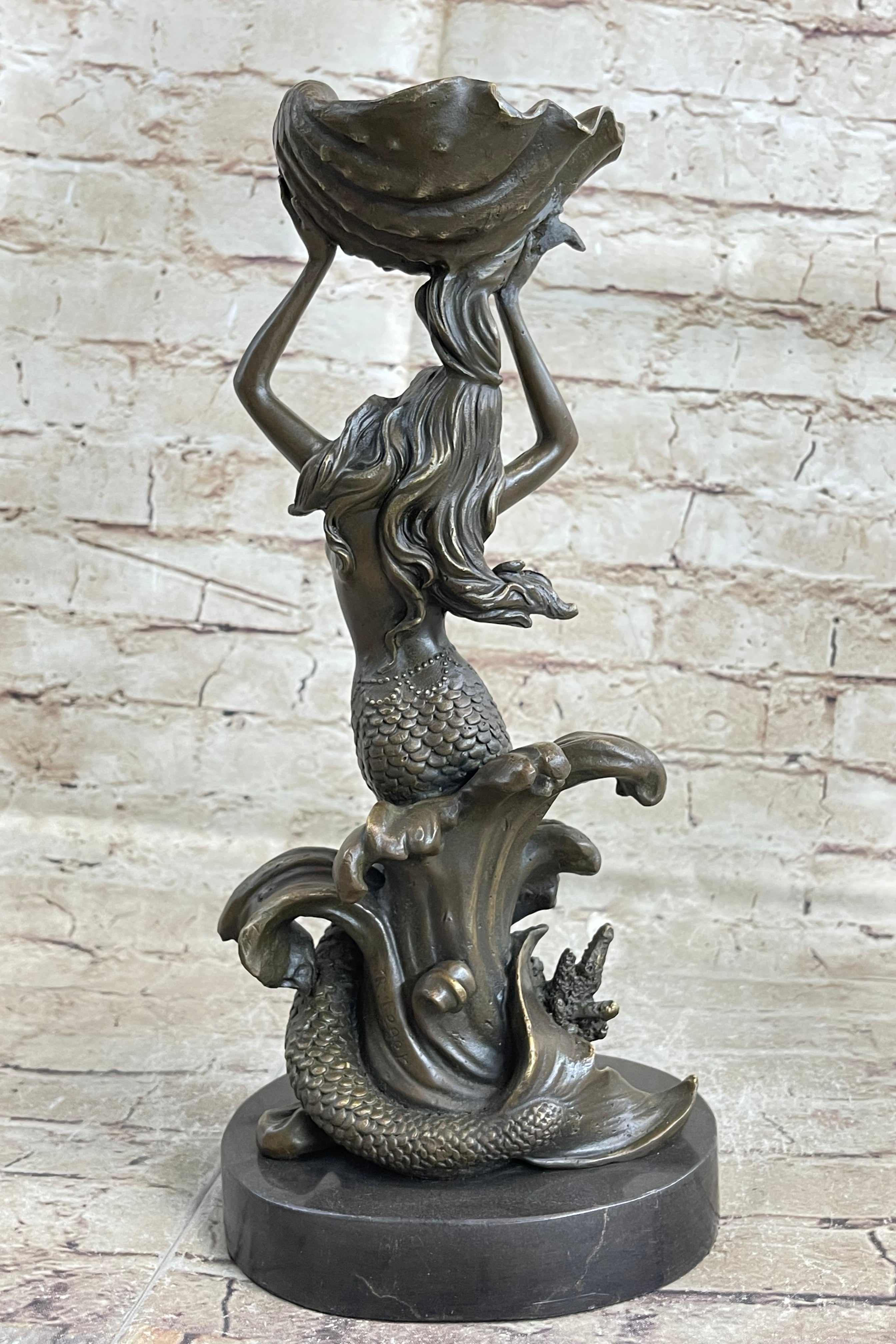 Hot Cast Nude Mermaid with Shell Candelabra Bronze Mythical Figurine-Figure Art