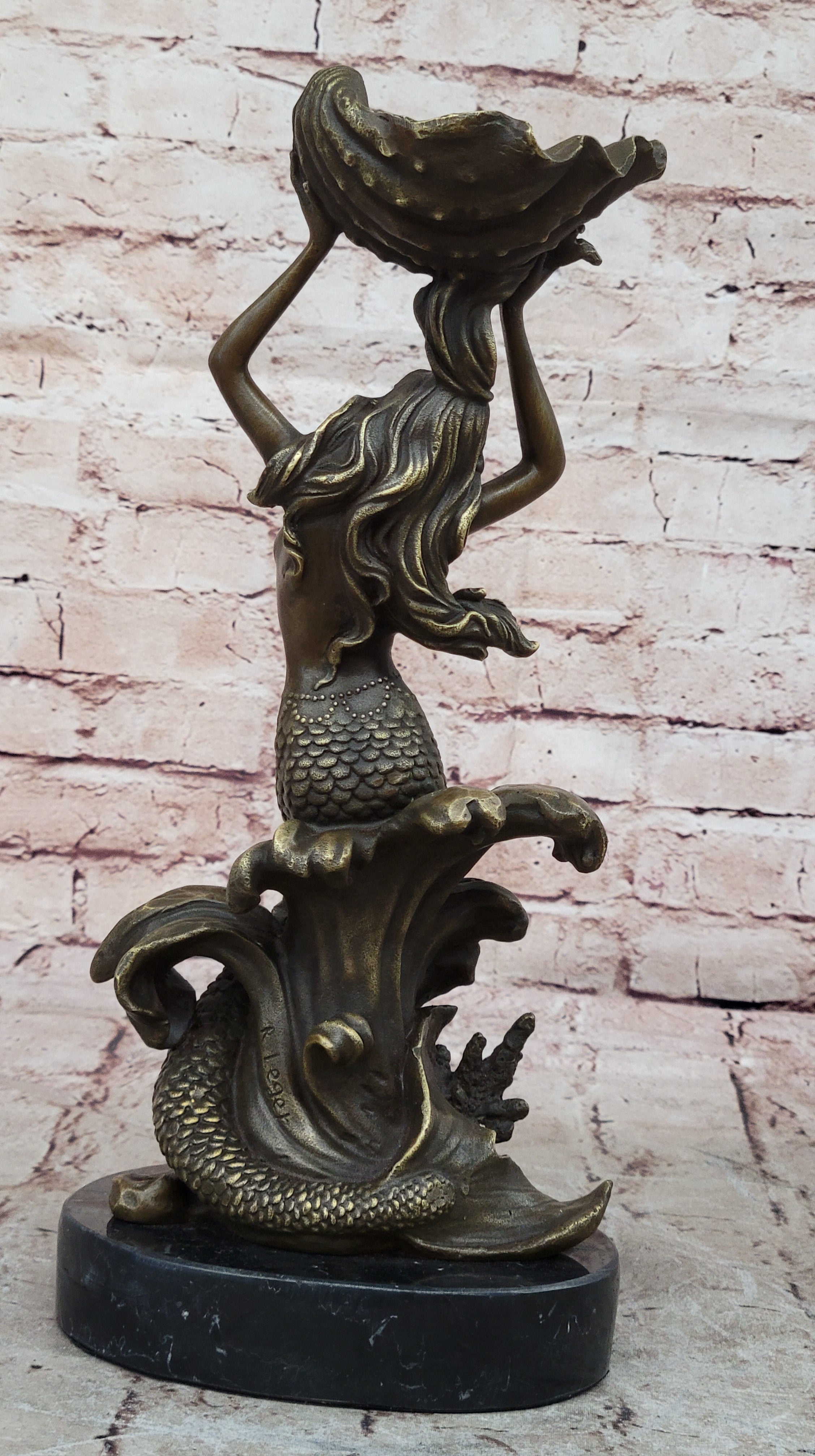 Hot Cast Nude Mermaid with Shell Candelabra Bronze Mythical Figurine-Figure Art