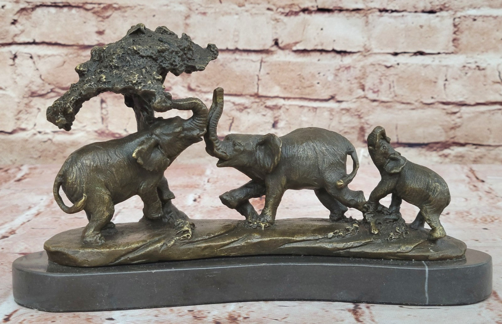 Art Deco Hot Cast Elephant Family With Tree Bronze Sculpture Marble Statue Gift