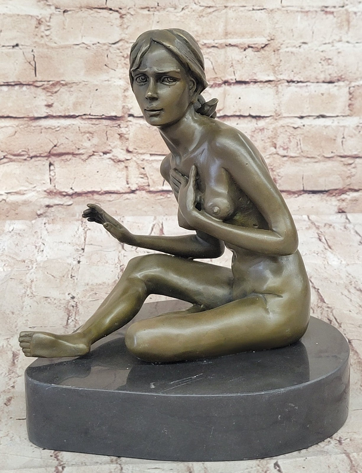 GENNARELLI Art Deco bronze of a nude woman Touching her Breast, marble base.