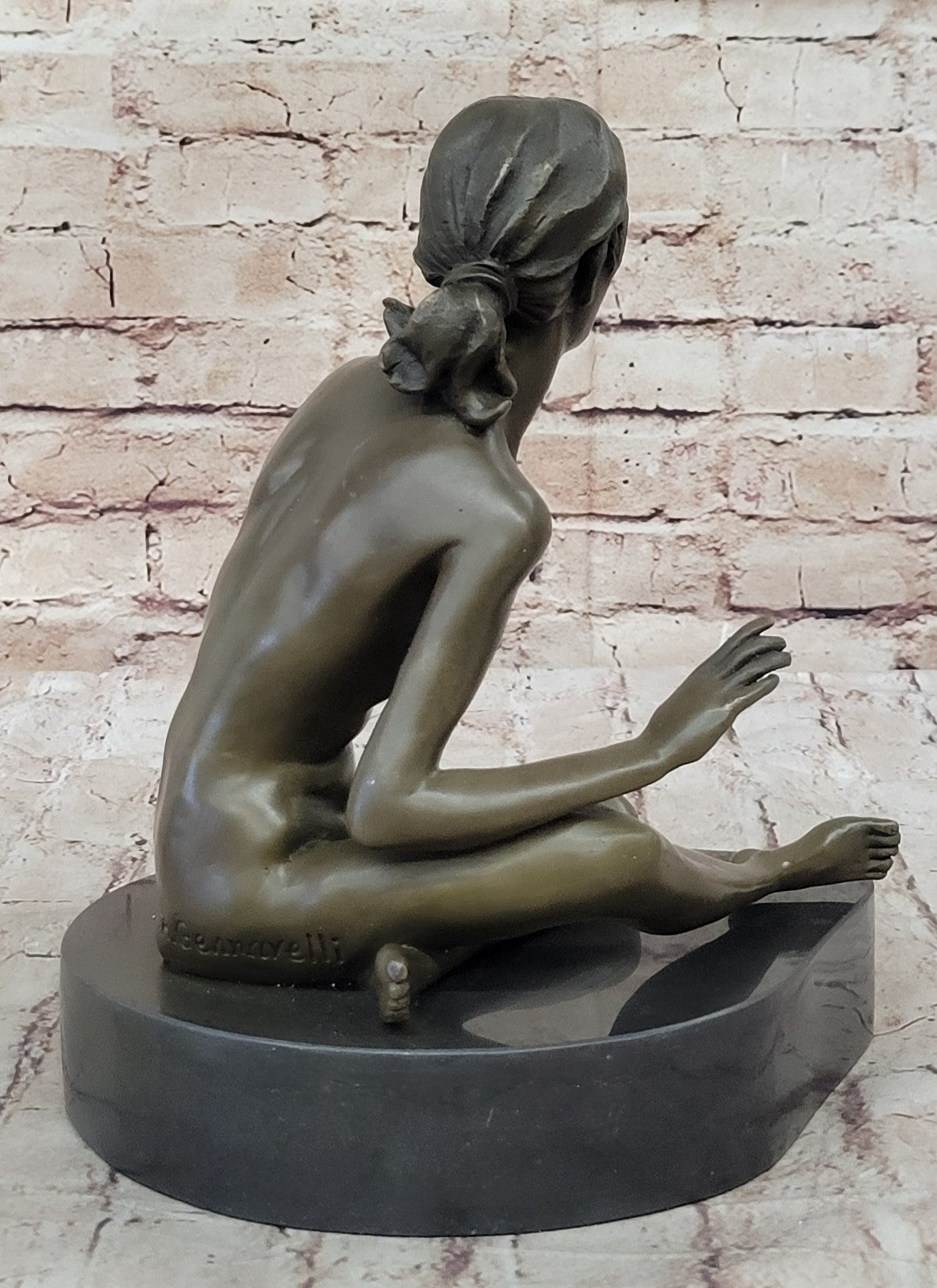 GENNARELLI Art Deco bronze of a nude woman Touching her Breast, marble base.