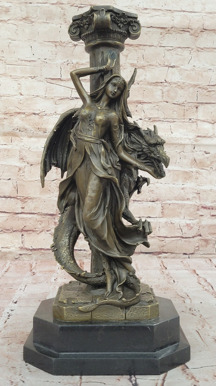 Mythology Signed Original French Artist Jean Patoue Lady and Dragon Bronze Statu