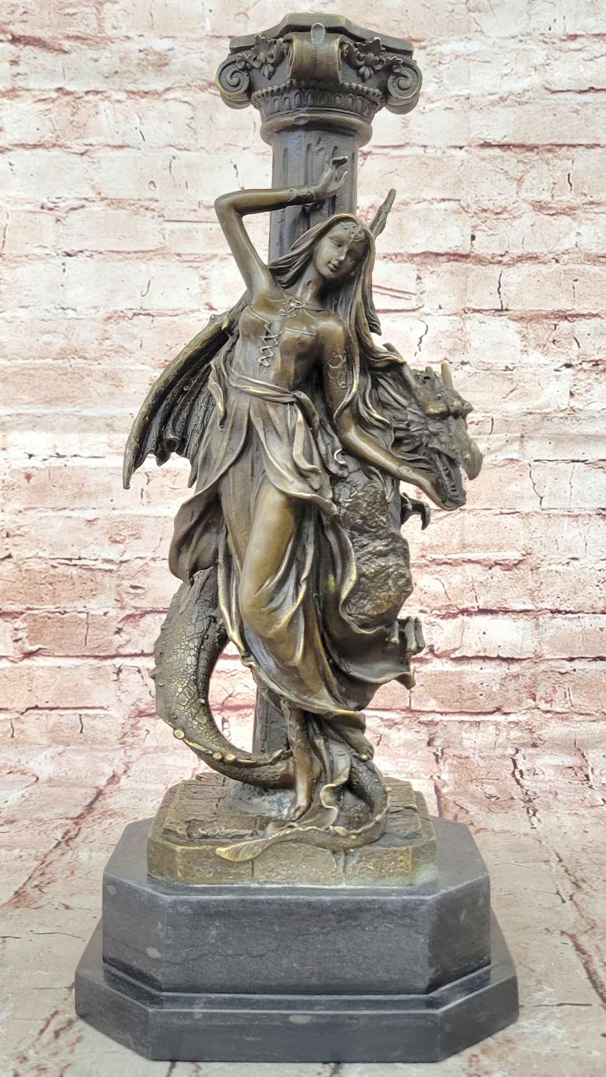 Mythology Signed Original French Artist Jean Patoue Lady and Dragon Bronze Statu