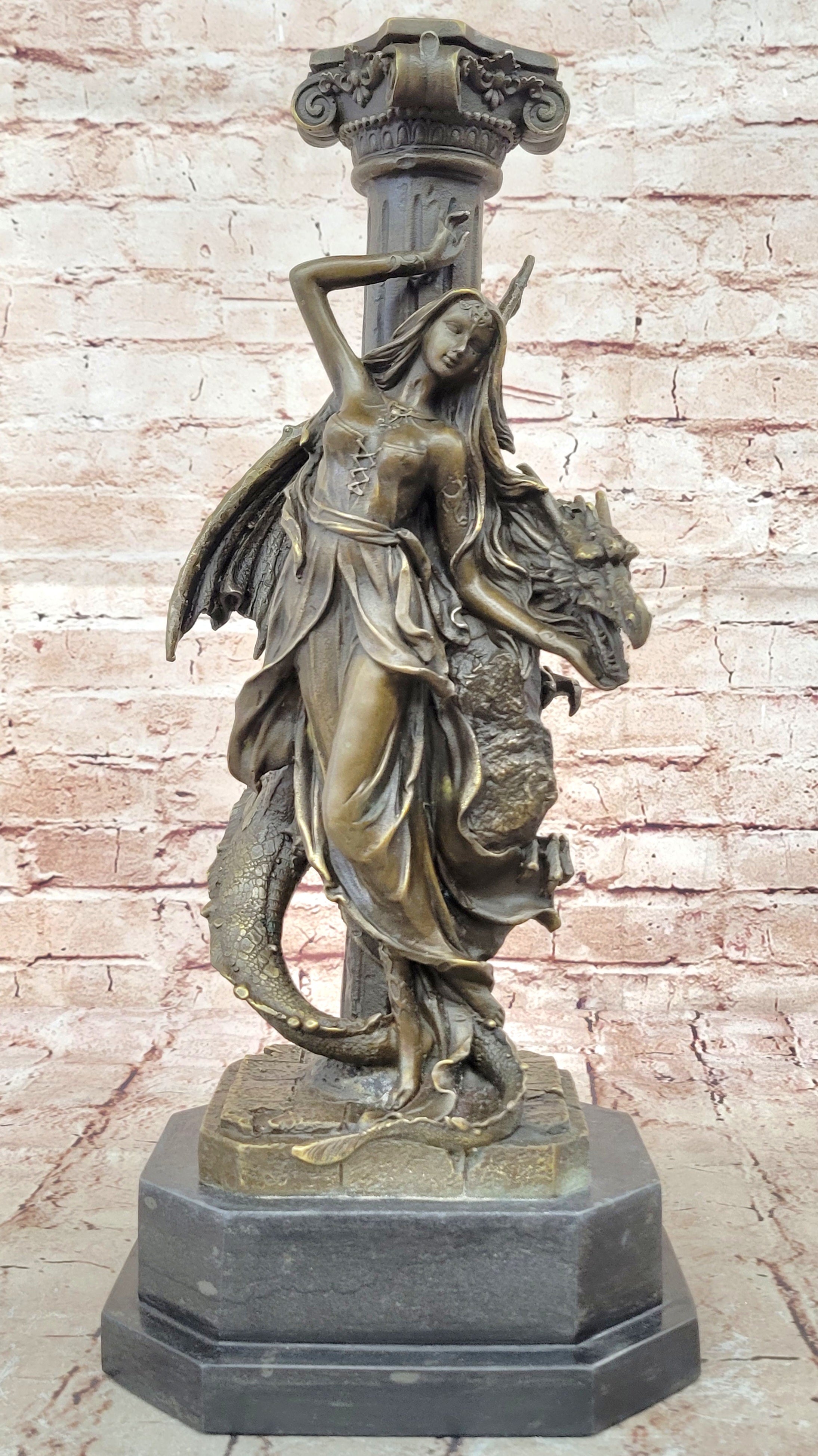 Mythology Signed Original French Artist Jean Patoue Lady and Dragon Bronze Statu