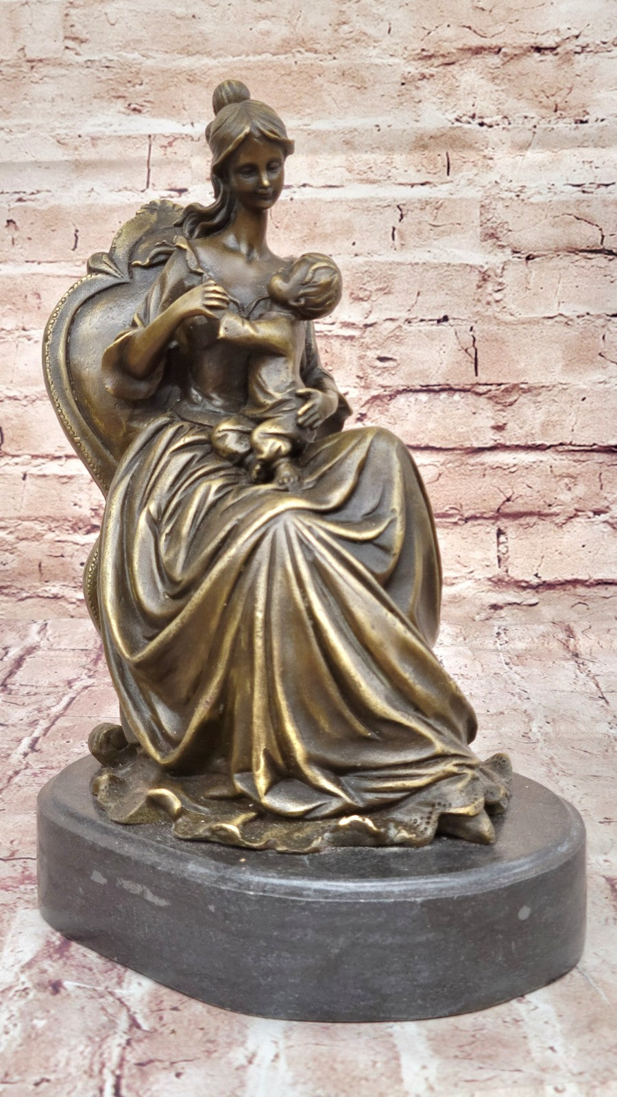 Vintage Lady Girl Woman holding baby Children 100% Bronze Sculpture Statue Sale