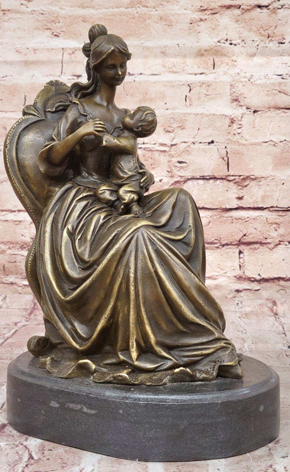 Vintage Lady Girl Woman holding baby Children 100% Bronze Sculpture Statue Sale