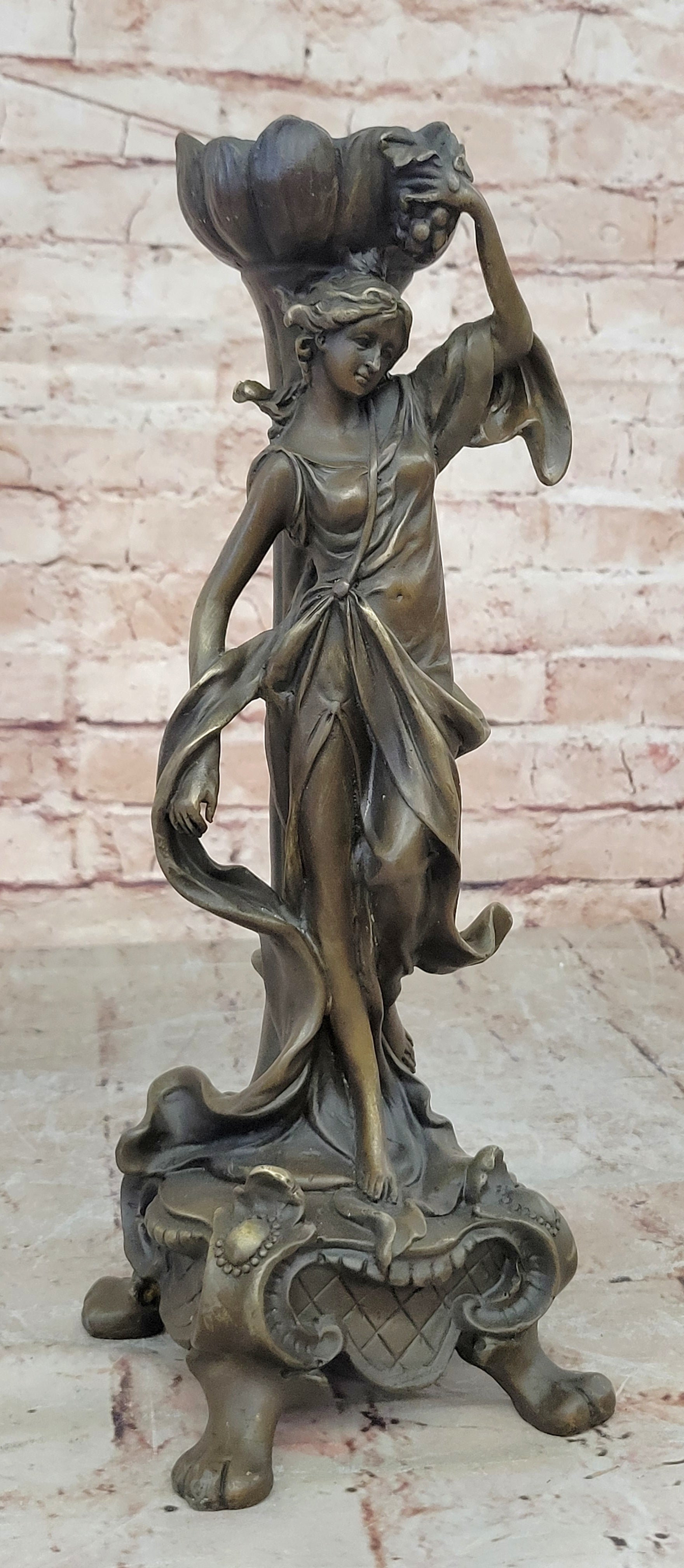 Signed Original Floral Goddess Candle Holder Bronze Marble Sculpture Statue Deal