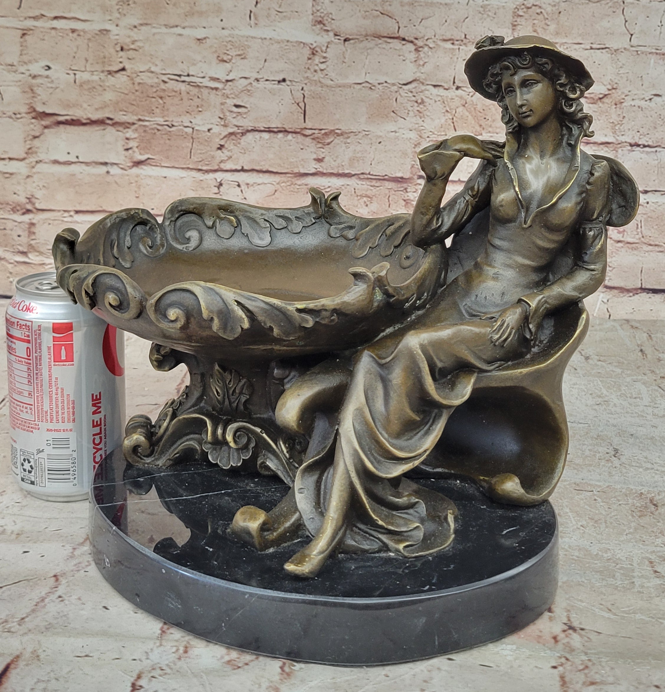 Art Nouveau Bronze Tray Decorative Business Card Holder with Woman Sculpture Hand Made