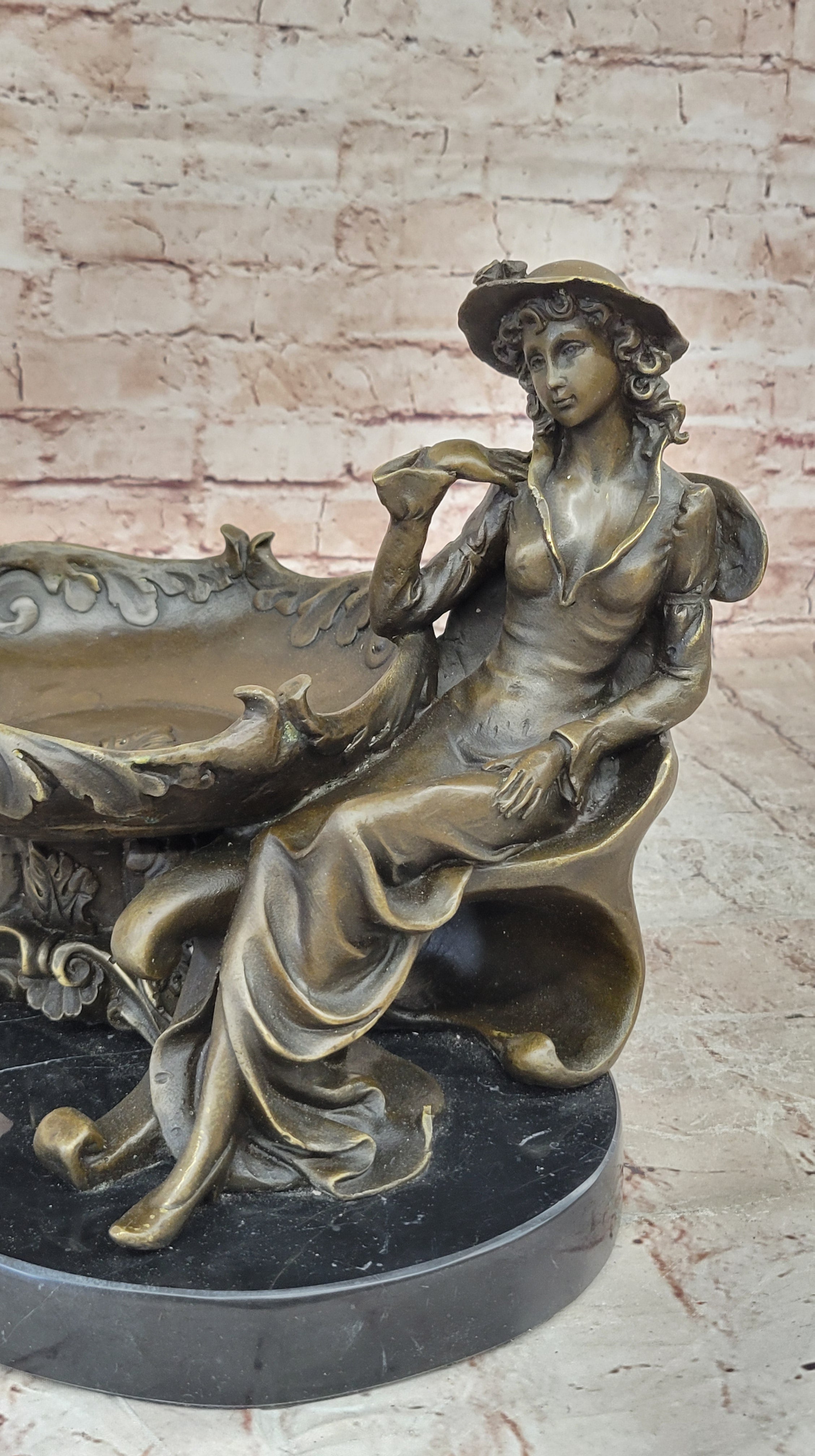Art Nouveau Bronze Tray Decorative Business Card Holder with Woman Sculpture Hand Made