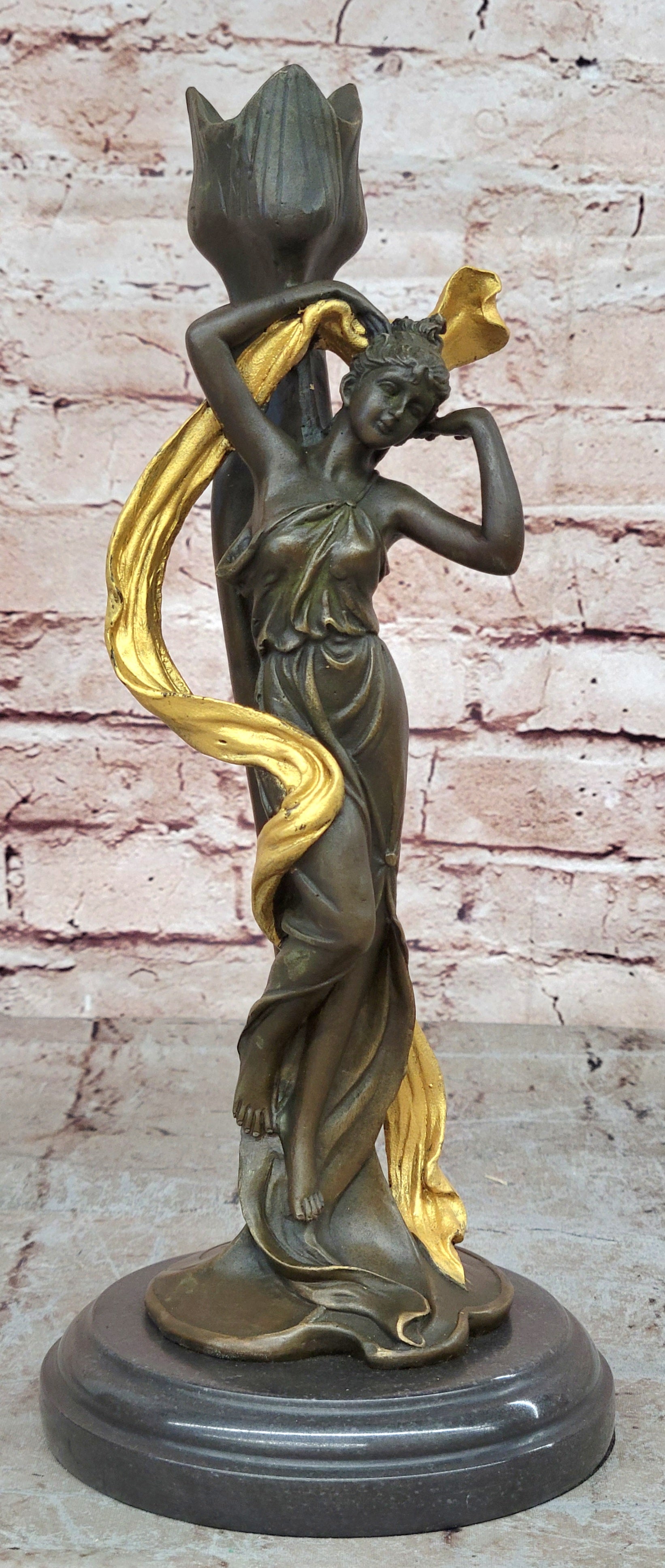 Art Nouveau Proper Young Lady Bronze Sculpture Marble Base Figurine Statue
