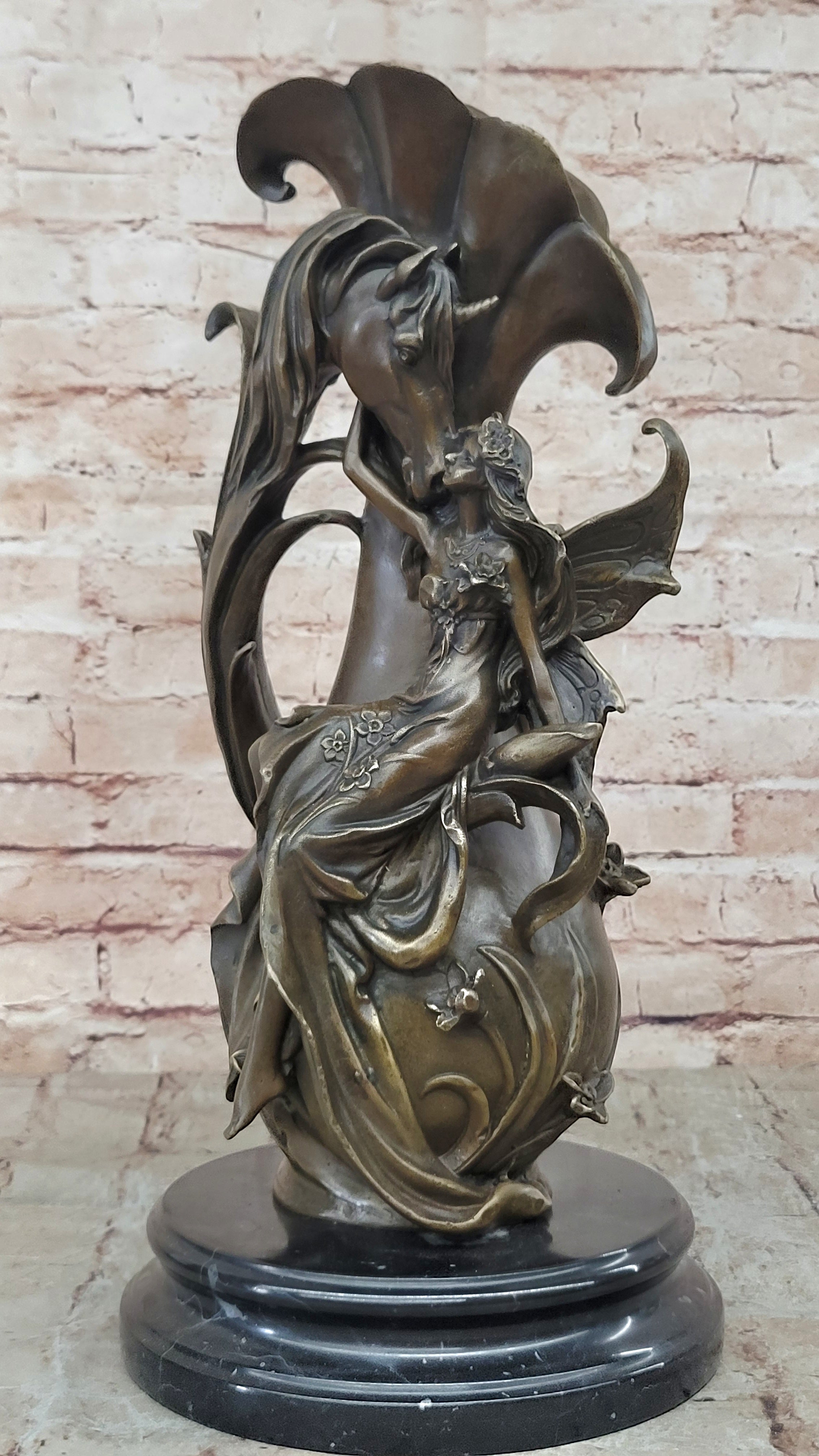 Original Bronze Vase with Fairy and Unicorn by Kassin - Classic Home Mantle Decor