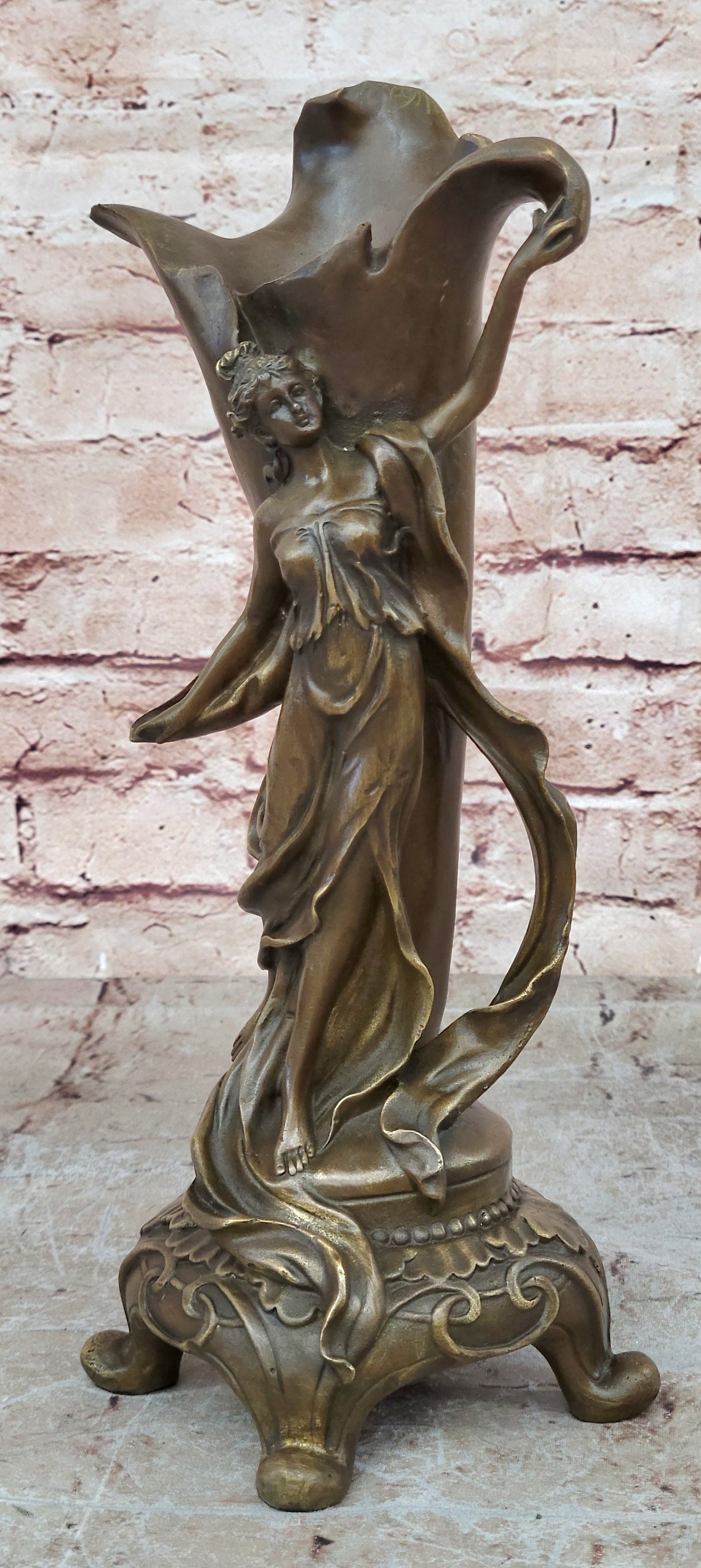 Fine Original Art Nouveau Bronze Sculpture Vase w/ Nude Woman Kassin 1985 Artwork
