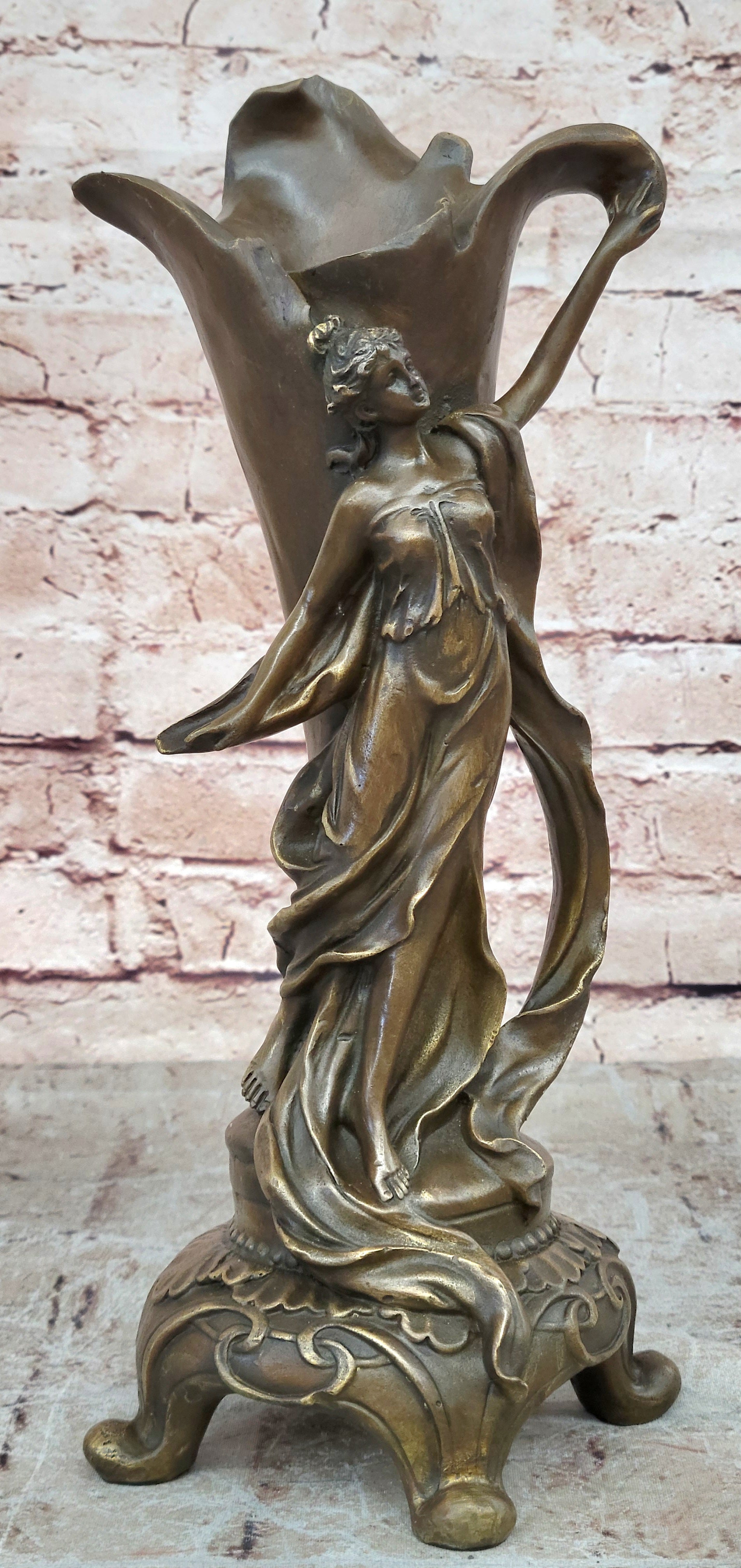 Fine Original Art Nouveau Bronze Sculpture Vase w/ Nude Woman Kassin 1985 Artwork