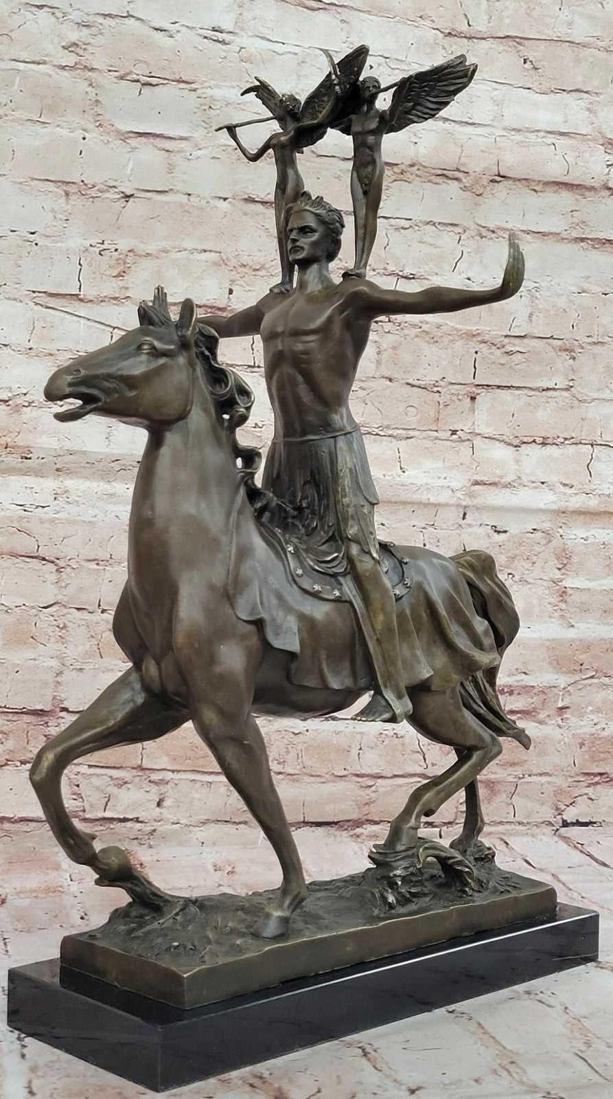 Lost Wax Nude Man Riding Horse W. angel Bronze Statue Sculpture Figure Figurine