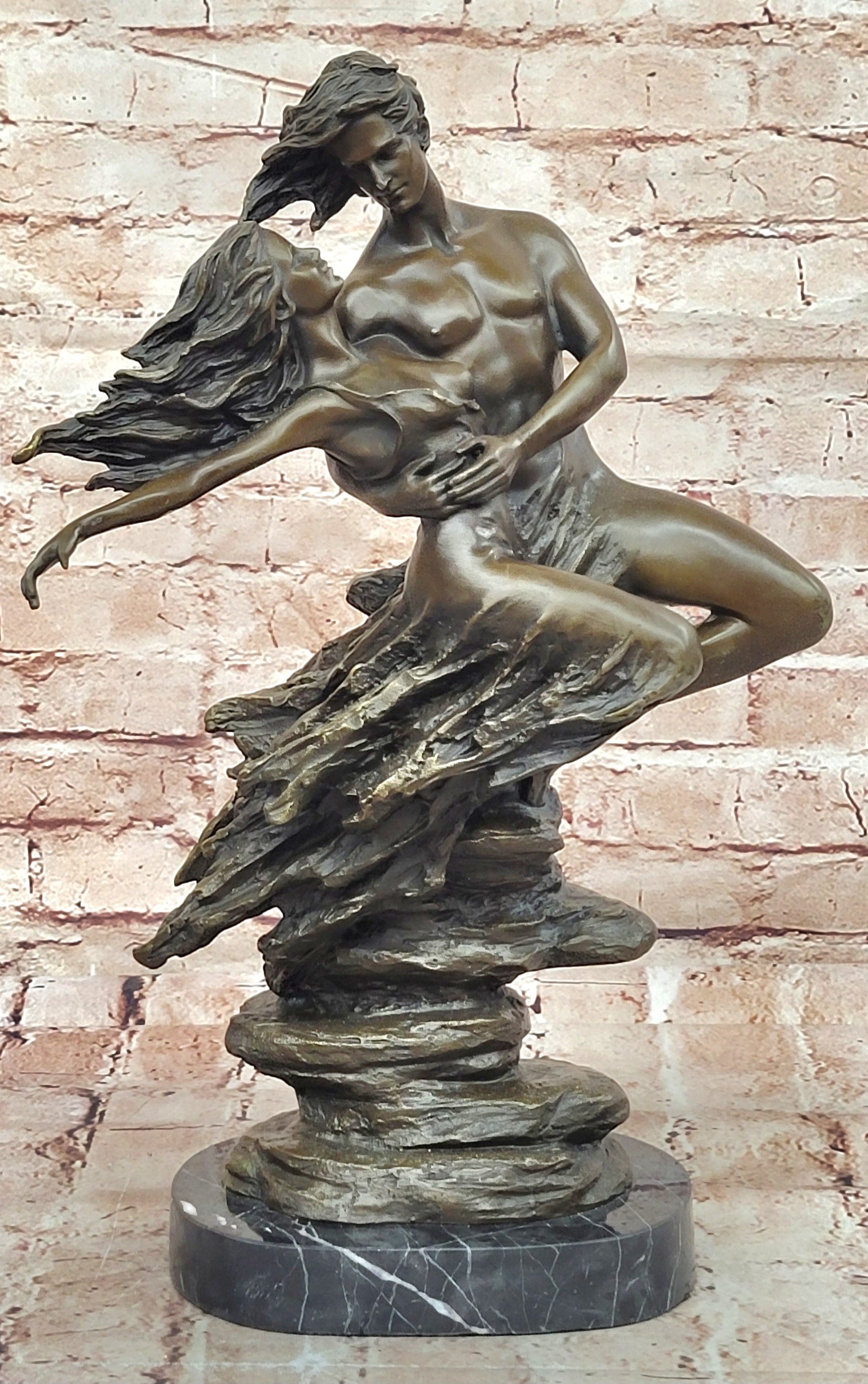 Original Aldo Vitaleh Tall Nude Lean Couple Bronze Sculpture Marble Base Statue