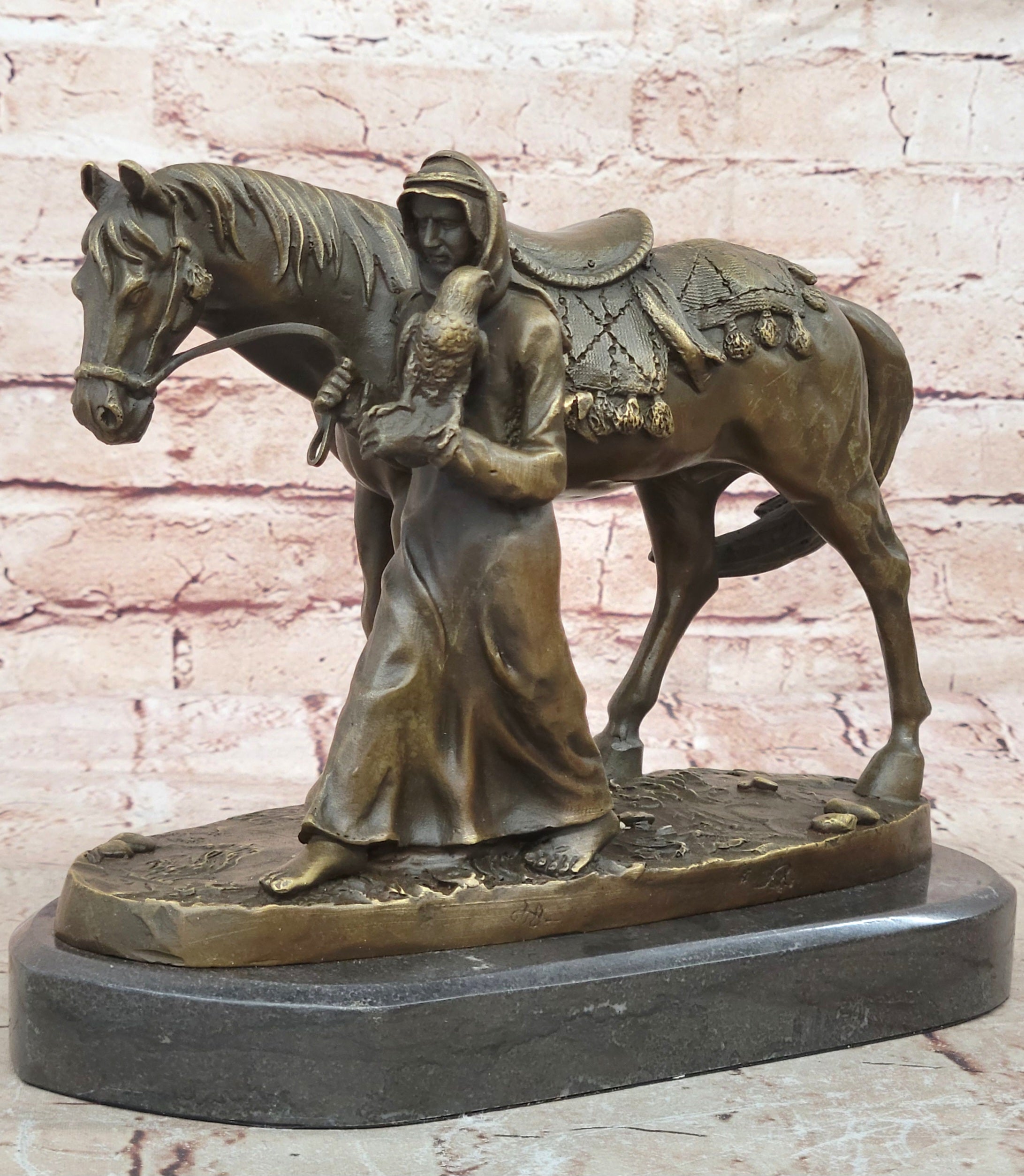 Arabian Charm: Aldo Vitaleh`s Handcrafted Bronze Statue - Arab Man with Falcon