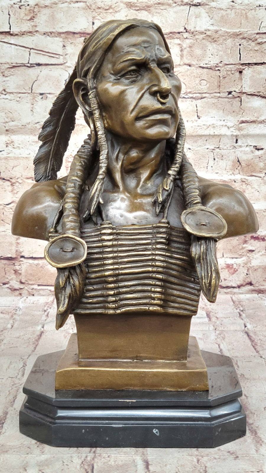 Native American Indian Warrior Chief Bronze Bust Sculpture Statue Figurine Art