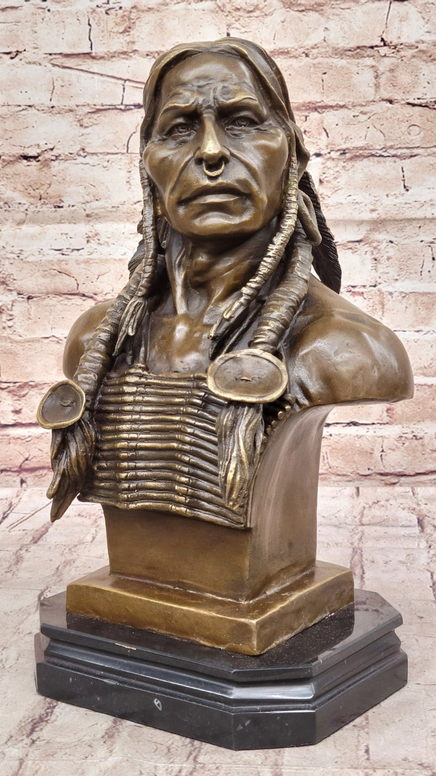 Native American Indian Warrior Chief Bronze Bust Sculpture Statue Figurine Art