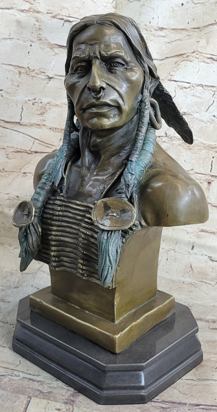 Original Real Bronze Native American Indian Cheif Bear Headdress Bust Sculpture