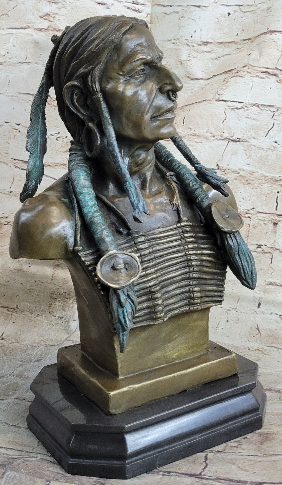 Original Real Bronze Native American Indian Cheif Bear Headdress Bust Sculpture