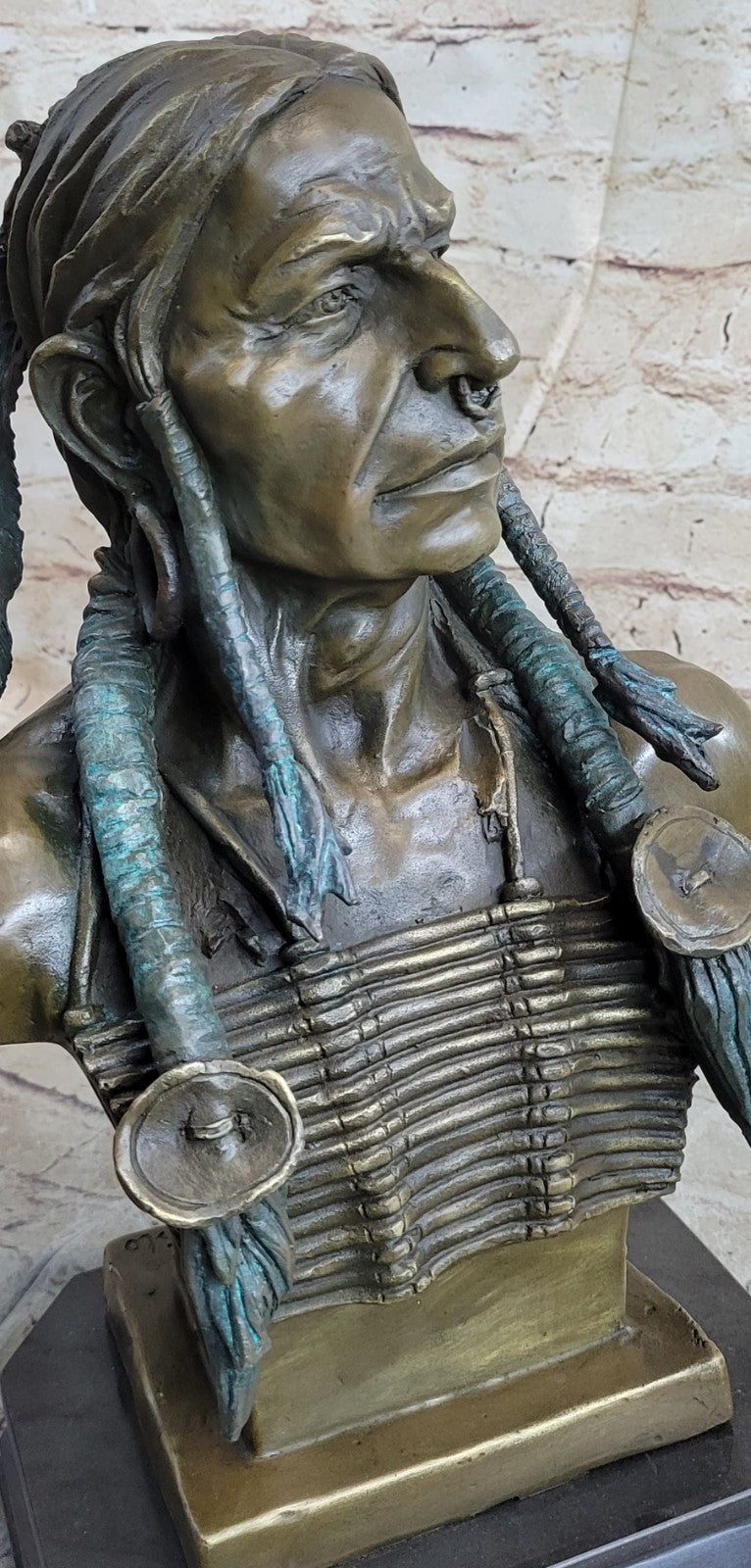 Original Real Bronze Native American Indian Cheif Bear Headdress Bust Sculpture