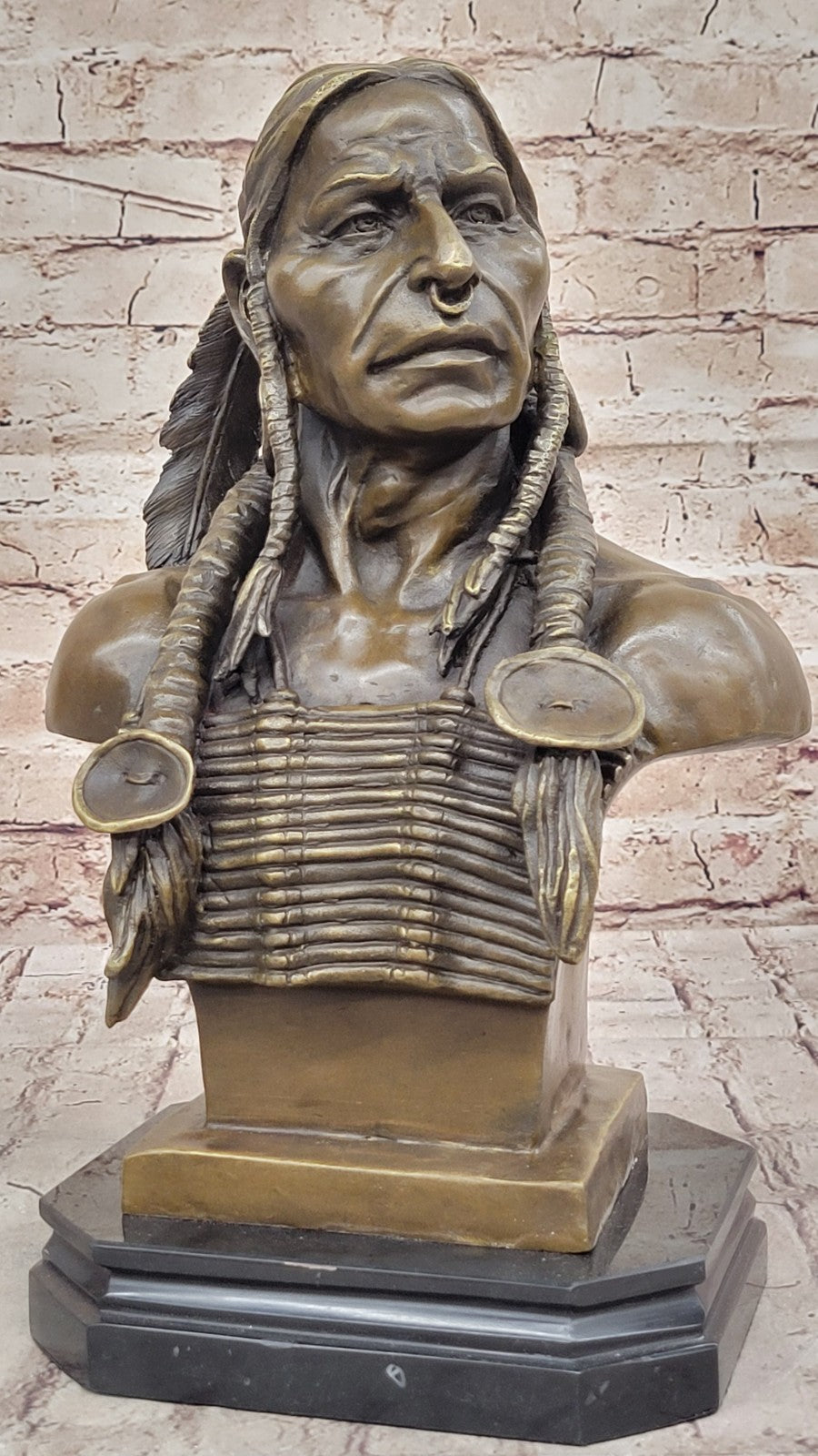 Native American Indian Warrior Chief Bronze Bust Sculpture Statue Figurine Art