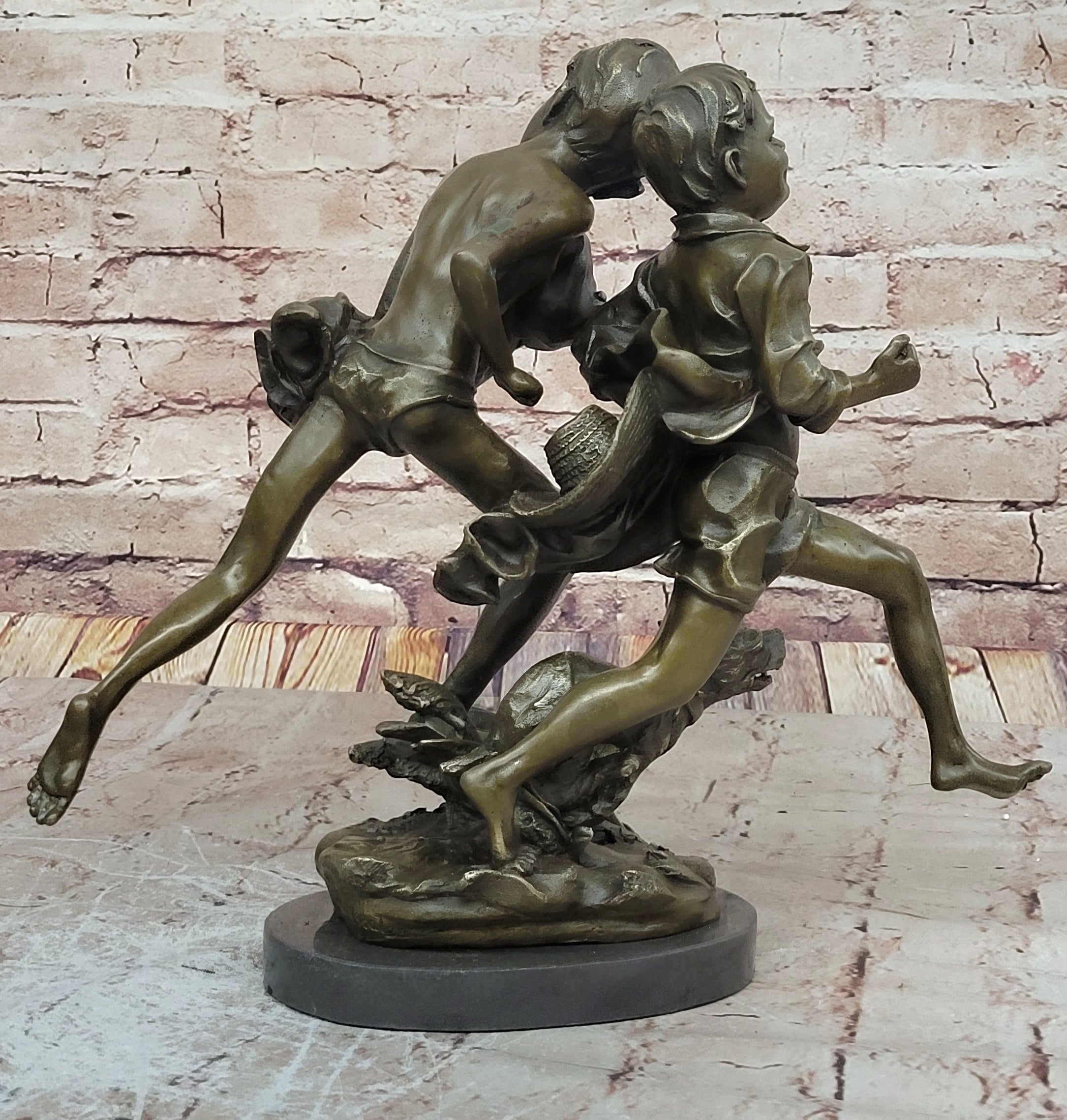 VINTAGE ALDO VITALH BRONZE "BOY RUNNING WITH DOG" SCULPTURE ON MARBLE BASE SALE