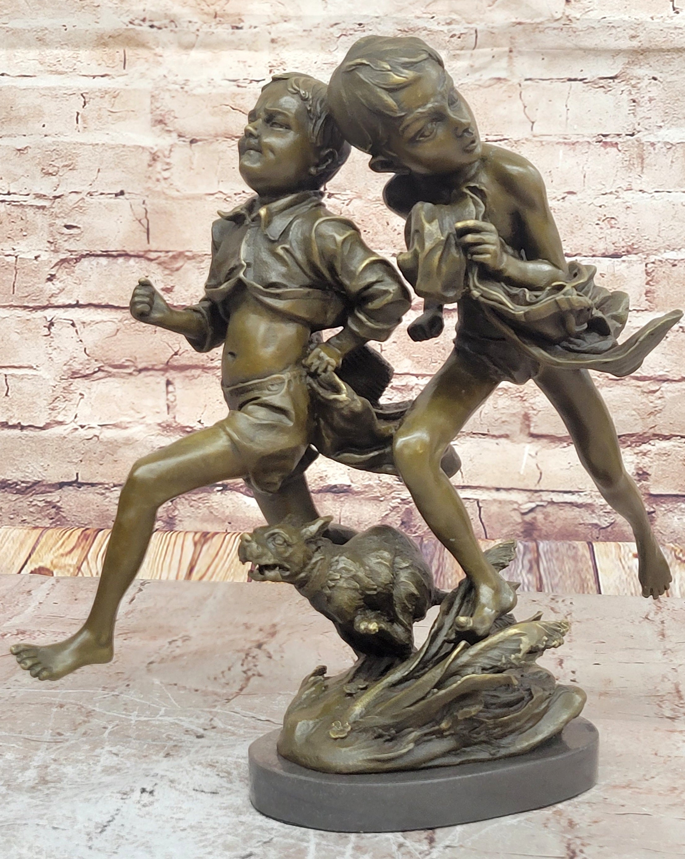 VINTAGE ALDO VITALH BRONZE "BOY RUNNING WITH DOG" SCULPTURE ON MARBLE BASE SALE