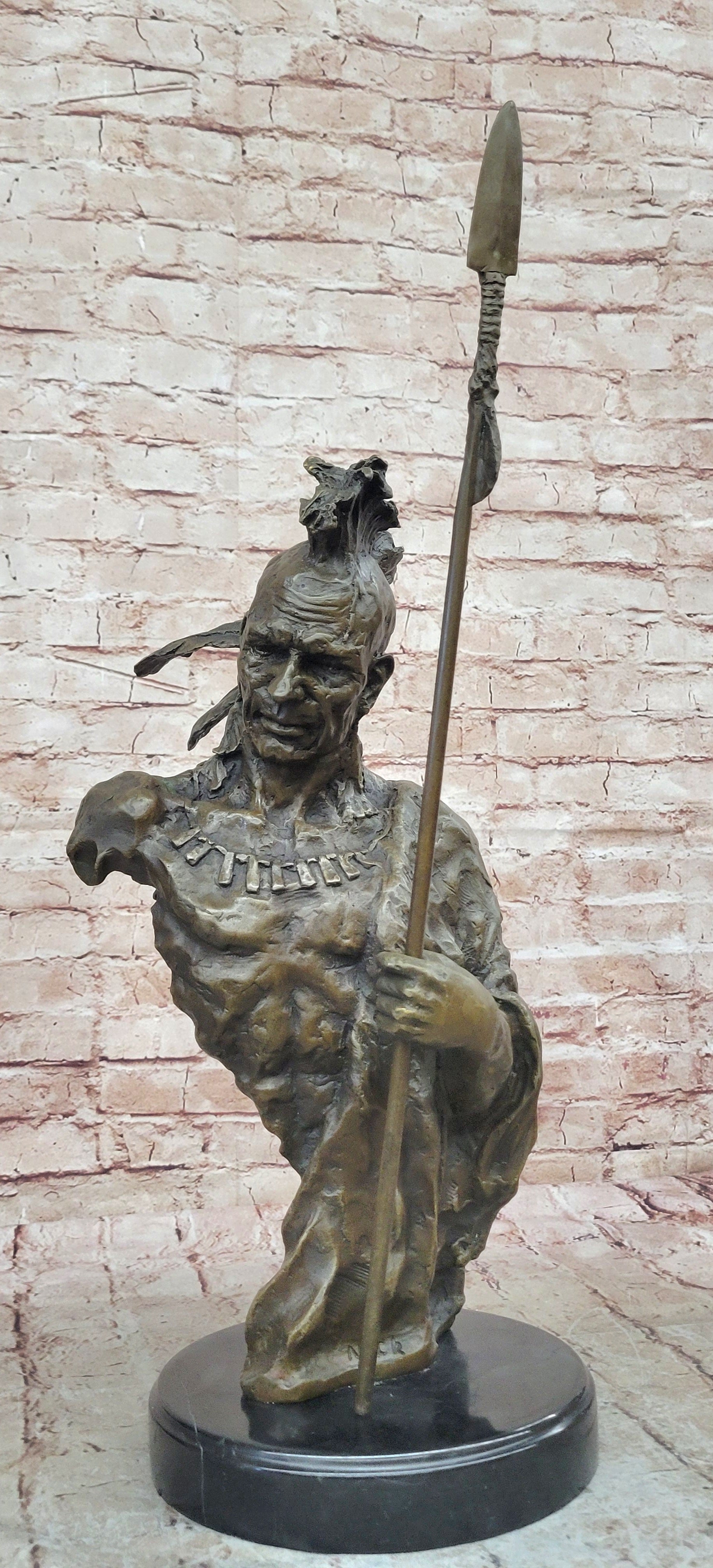 Genuine Bronze Statue Marble Base American Indian Chief Buffalo Headdress Decor