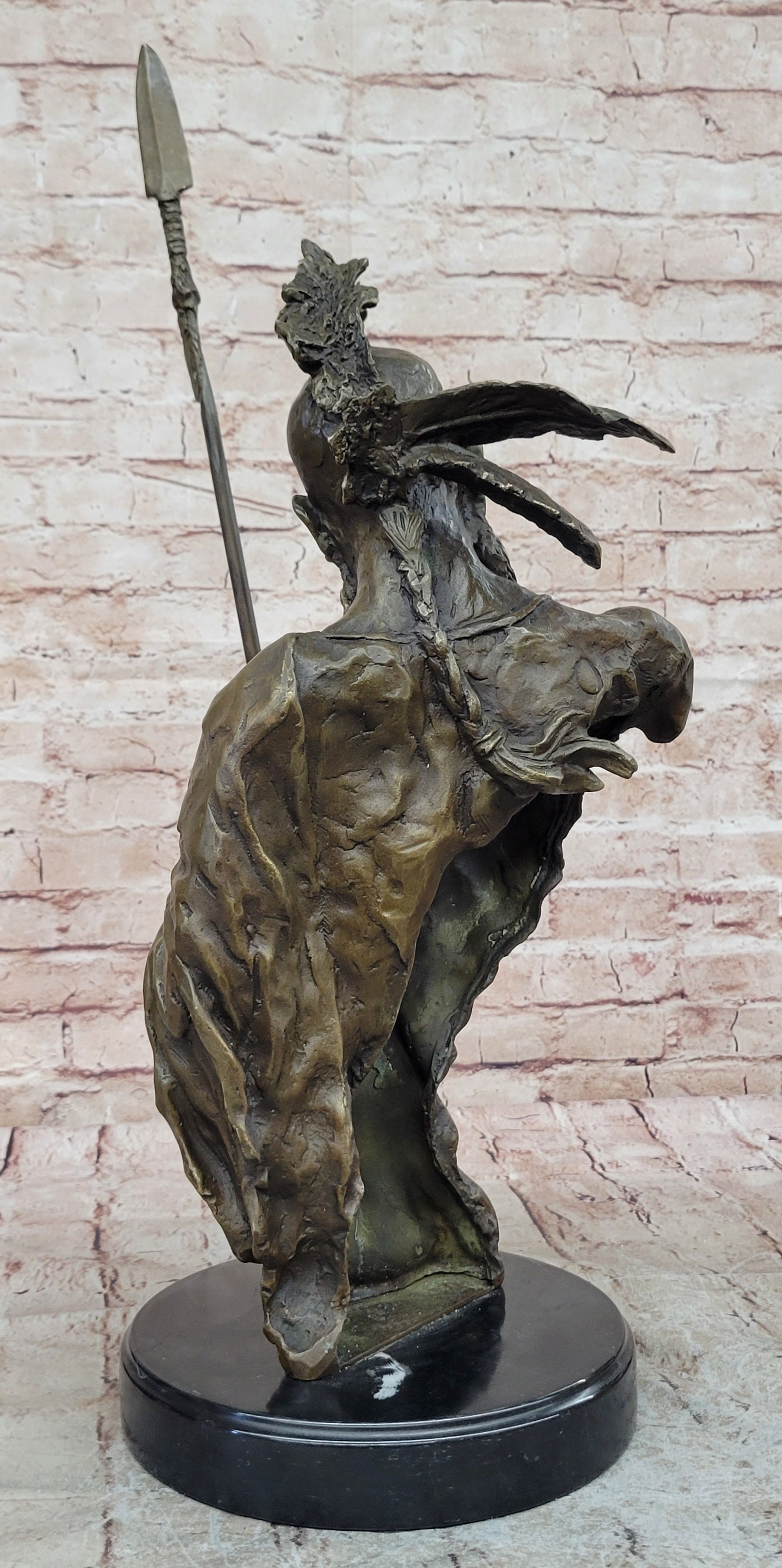 Genuine Bronze Statue Marble Base American Indian Chief Buffalo Headdress Decor