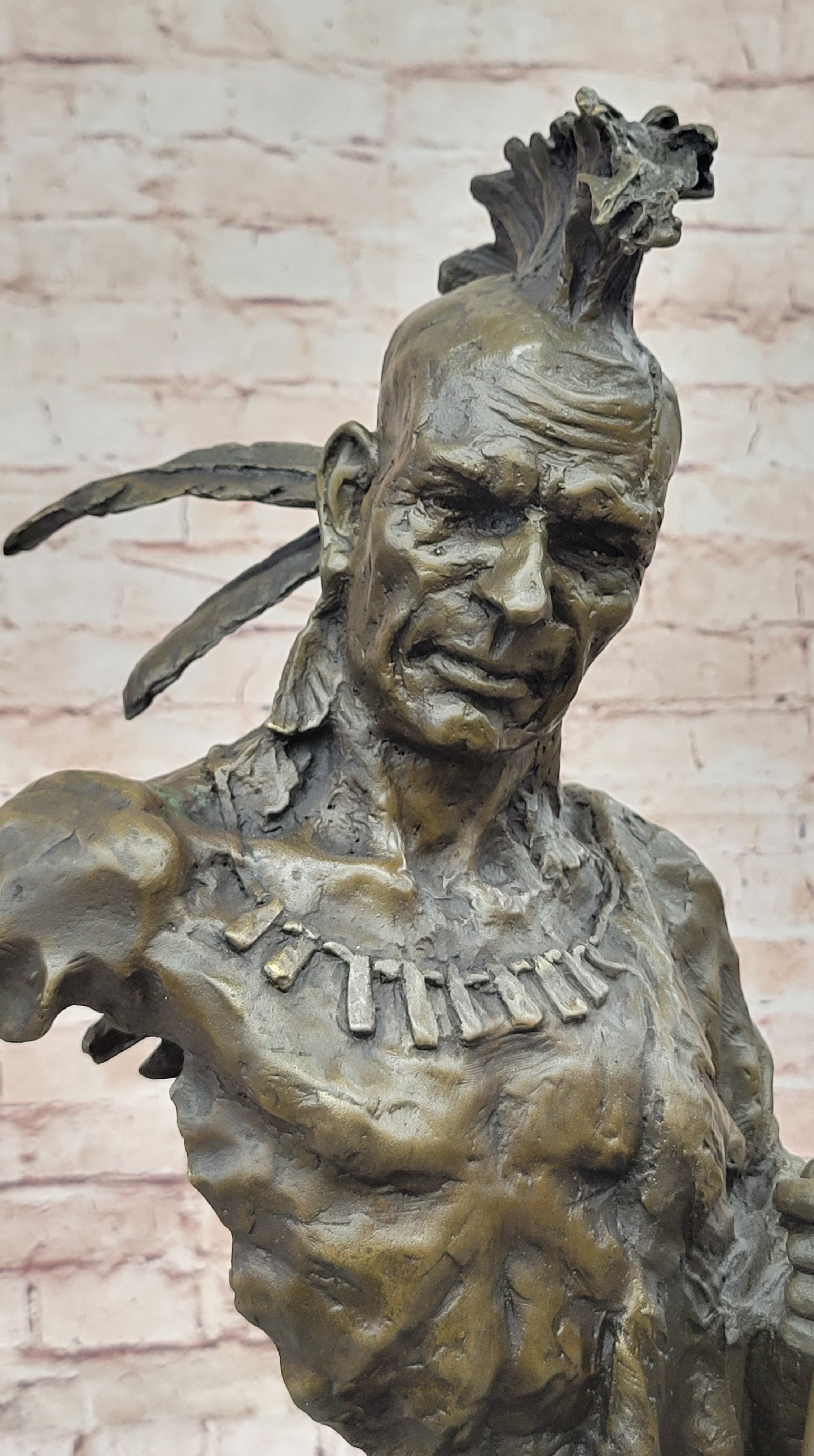 Genuine Bronze Statue Marble Base American Indian Chief Buffalo Headdress Decor