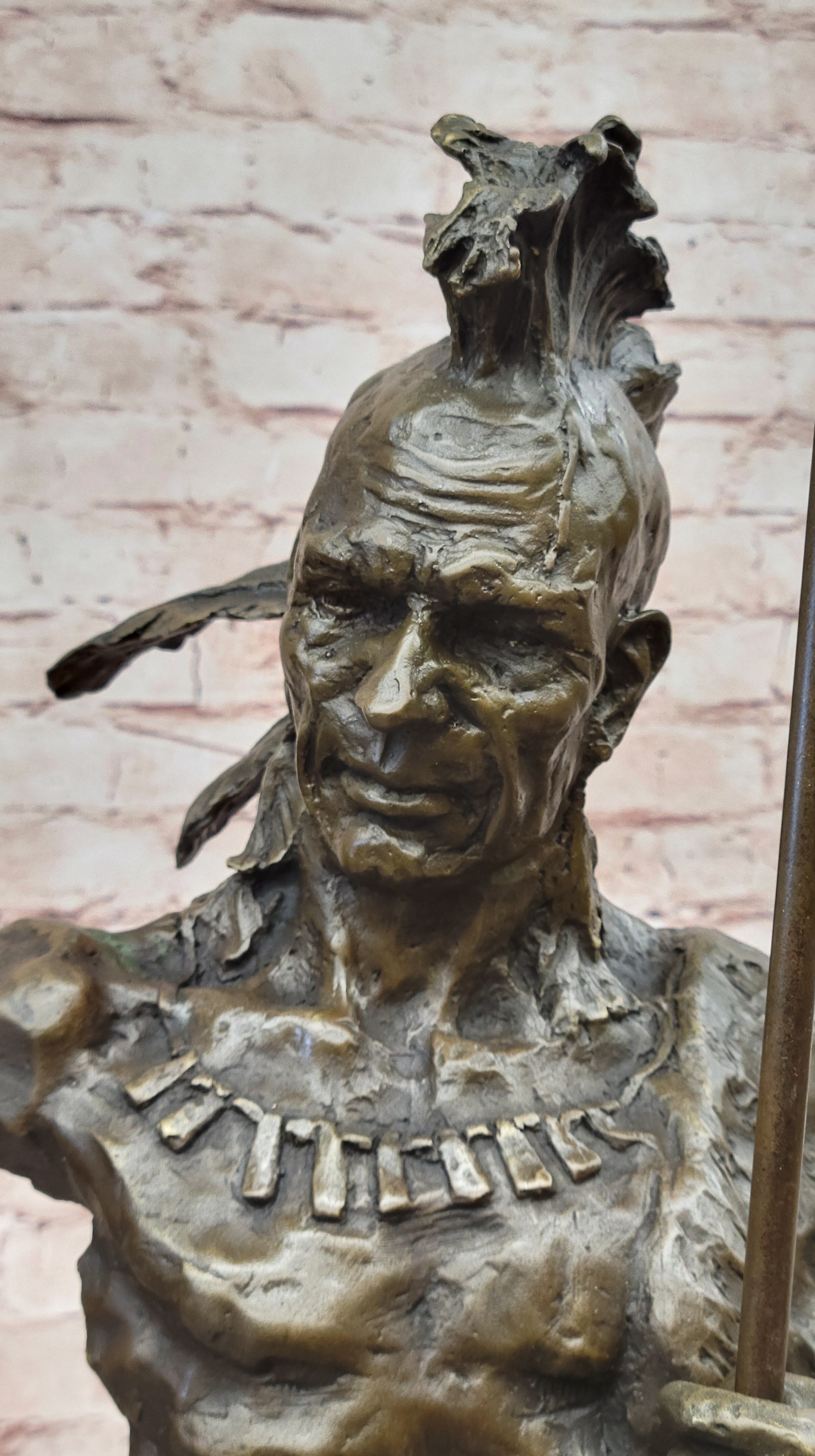 Genuine Bronze Statue Marble Base American Indian Chief Buffalo Headdress Decor