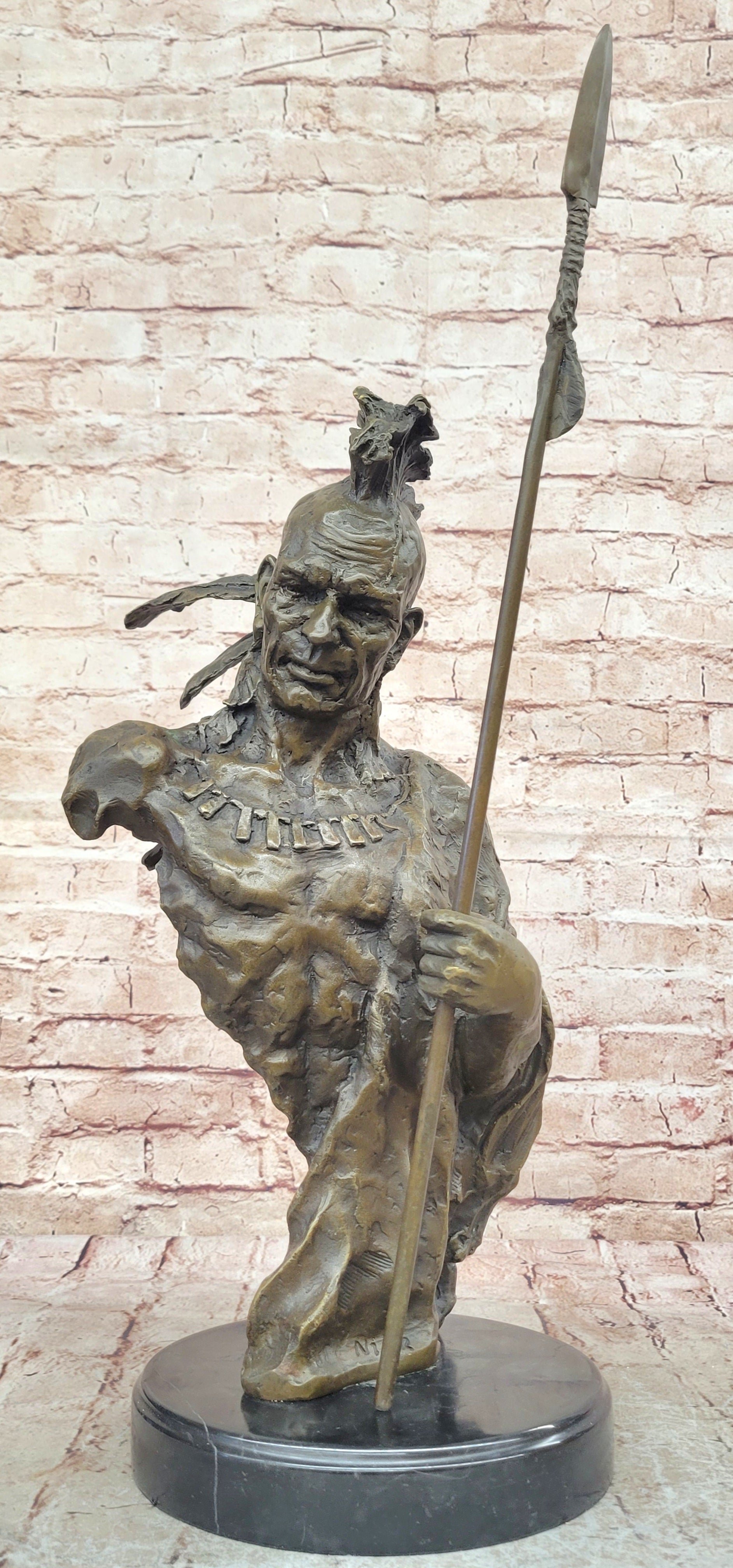 Genuine Bronze Statue Marble Base American Indian Chief Buffalo Headdress Decor