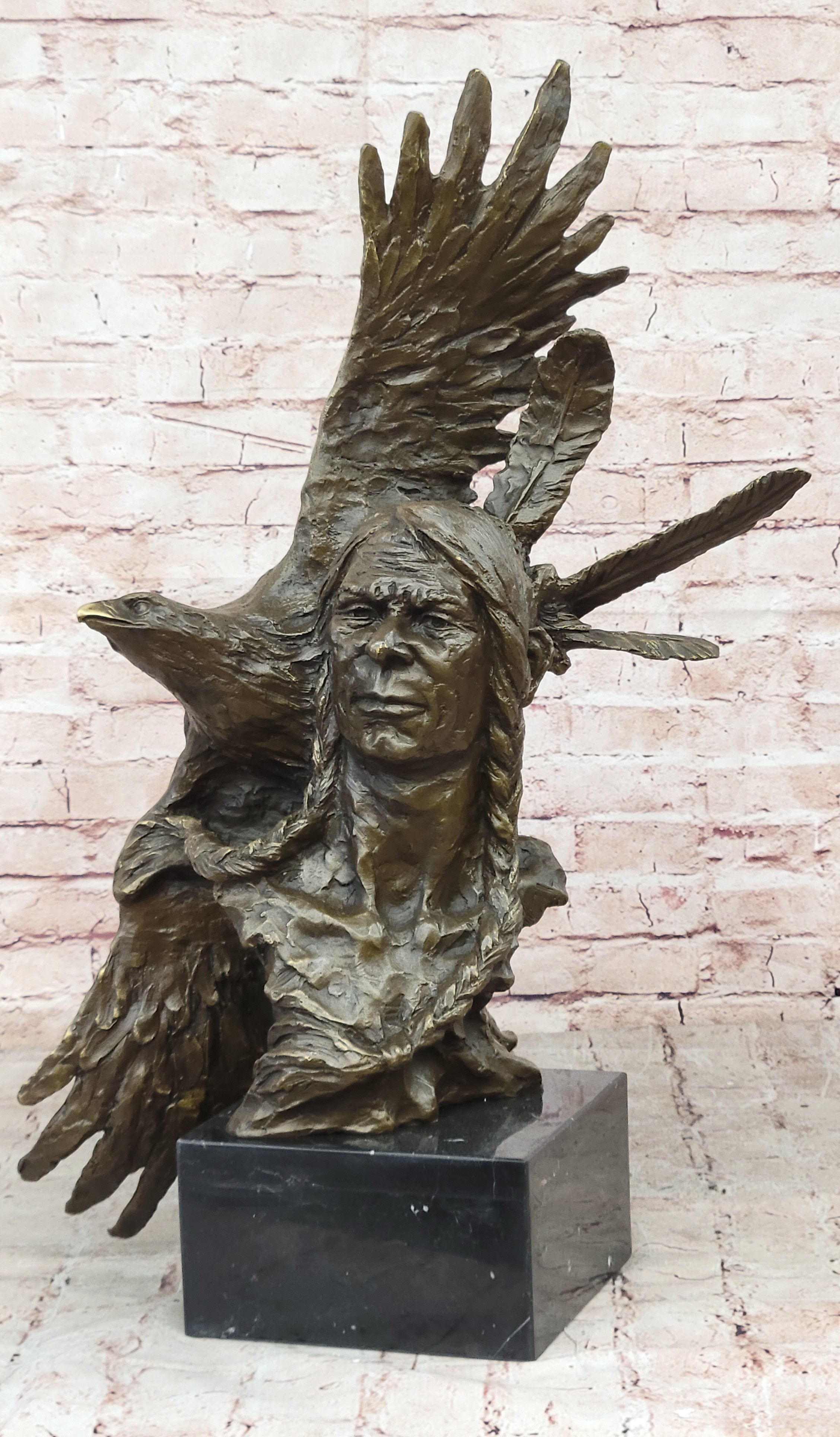 Handcrafted bronze sculpture SALE Bust Eagle Chief Native Indian Marble 26" art