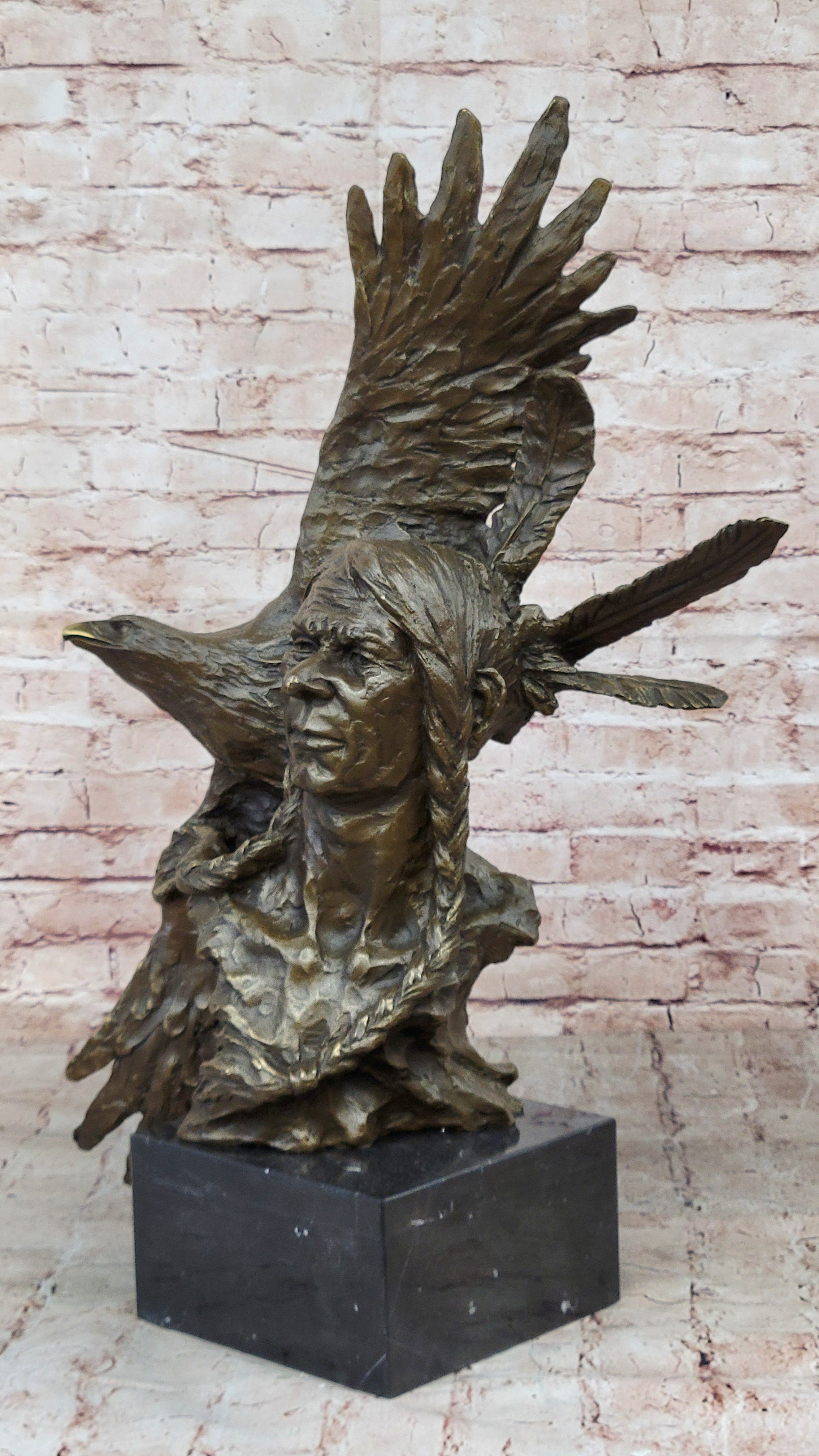 Handcrafted bronze sculpture SALE Bust Eagle Chief Native Indian Marble 26" art