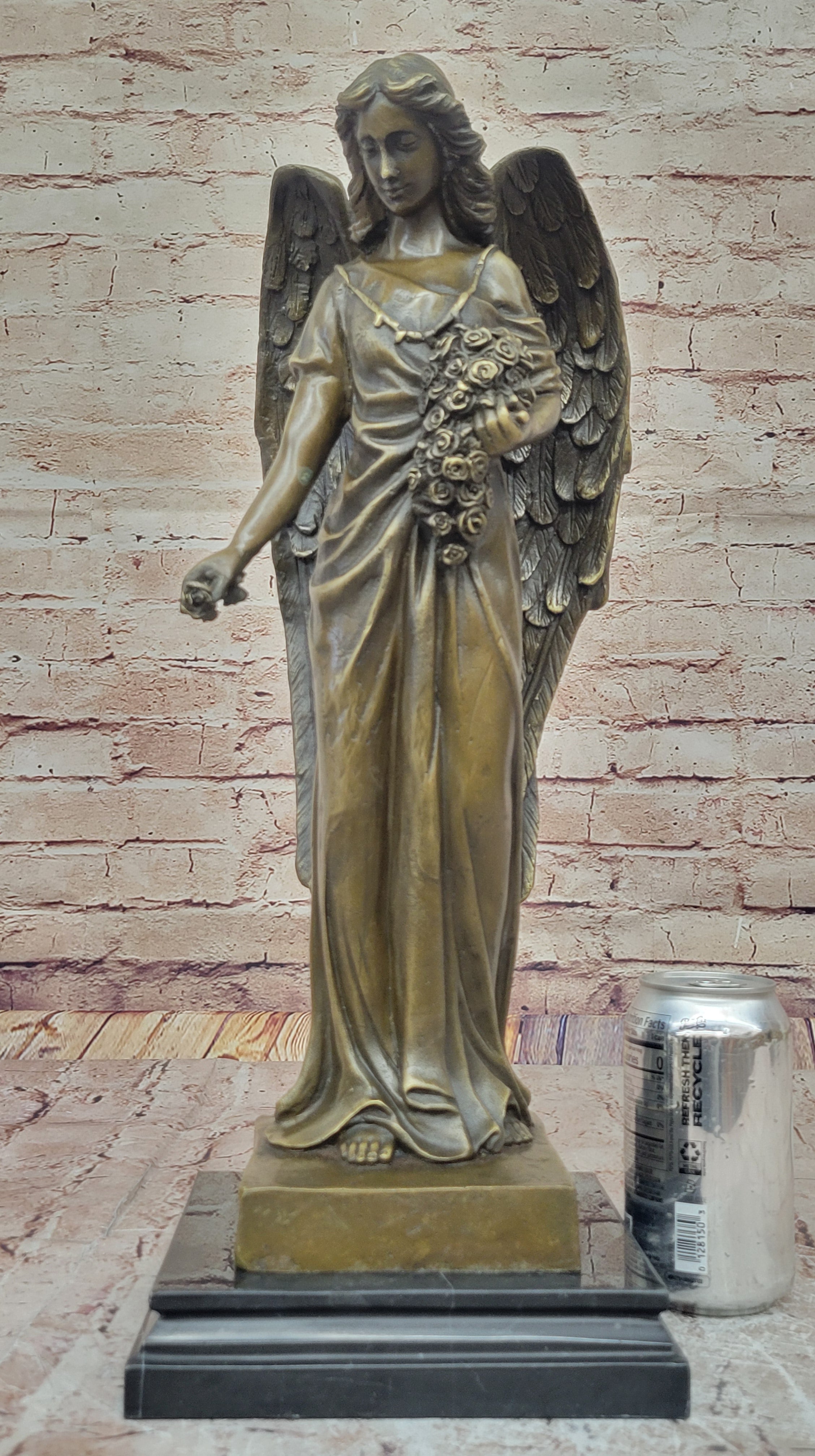 Young Angel Bronze Statue with Flower Bouquet  Indoor/Outdoor Sculpture Statue