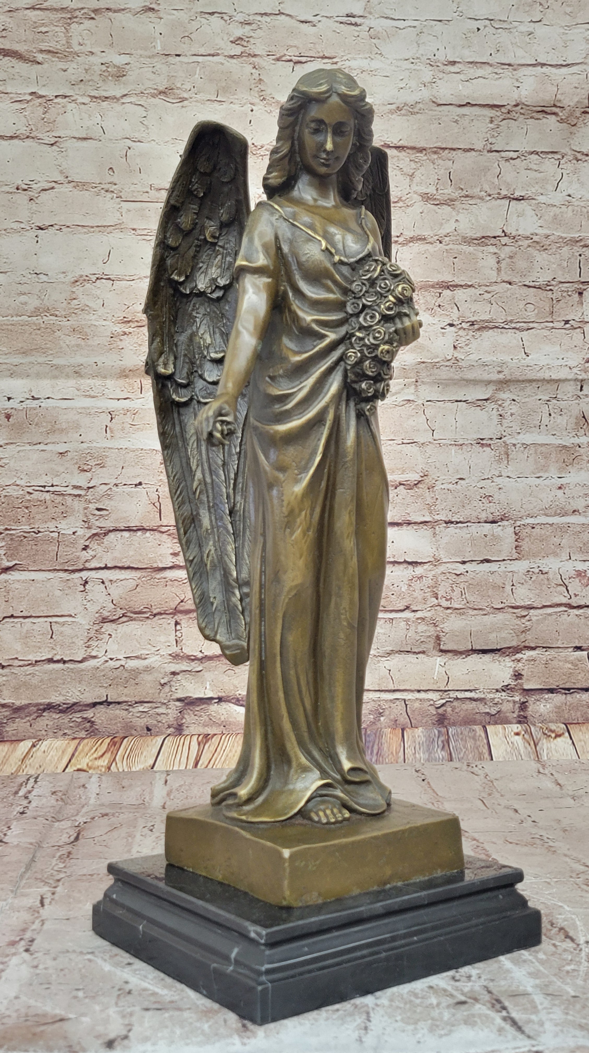 Young Angel Bronze Statue with Flower Bouquet  Indoor/Outdoor Sculpture Statue