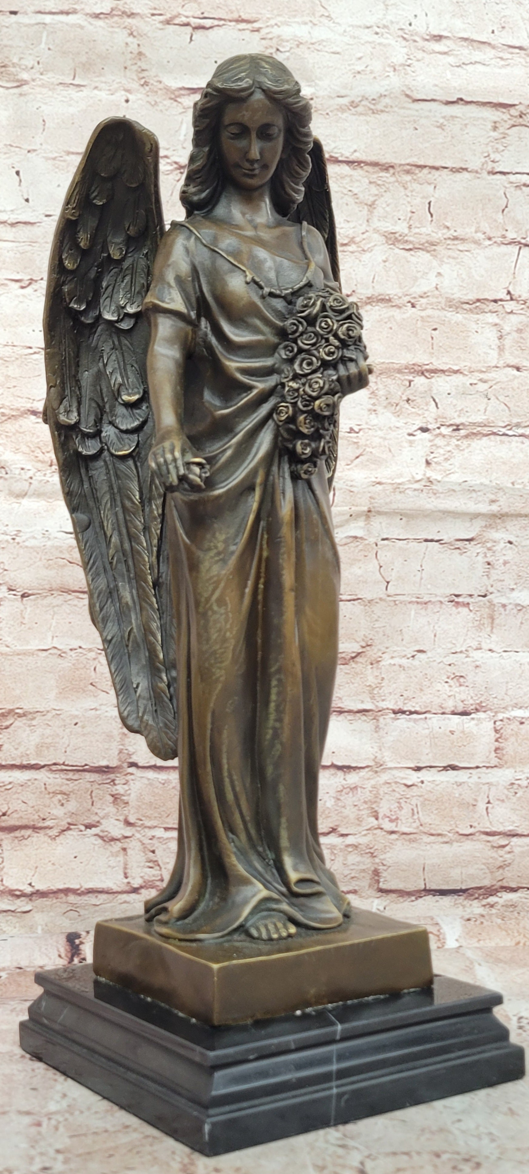 Young Angel Bronze Statue with Flower Bouquet  Indoor/Outdoor Sculpture Statue