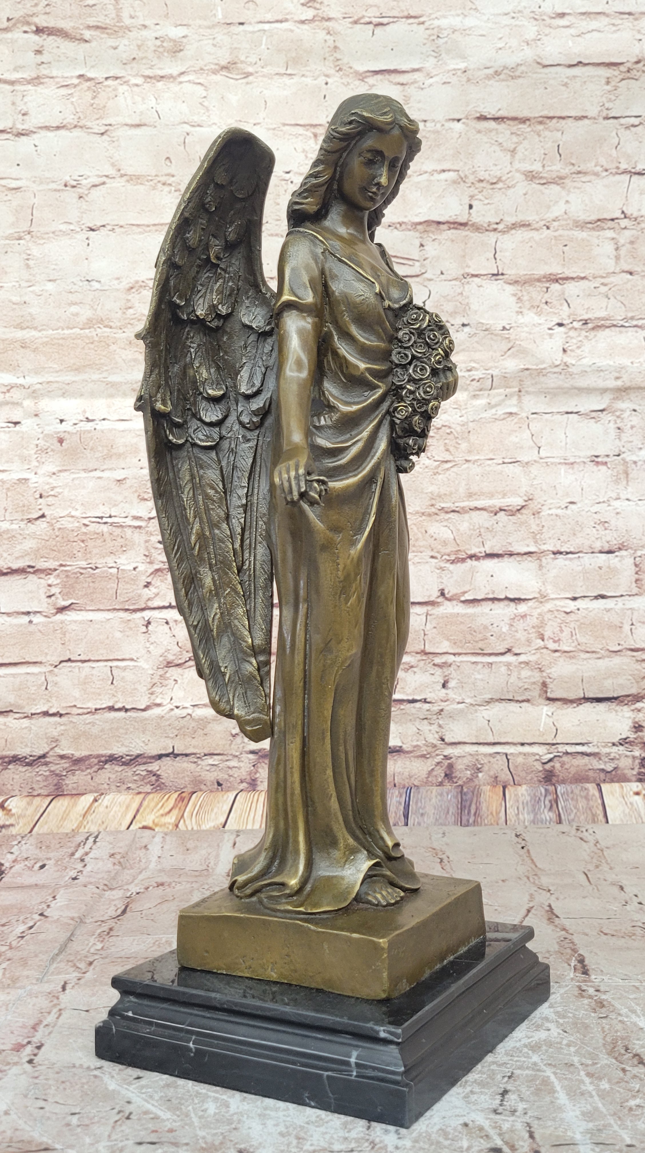 Young Angel Bronze Statue with Flower Bouquet  Indoor/Outdoor Sculpture Statue