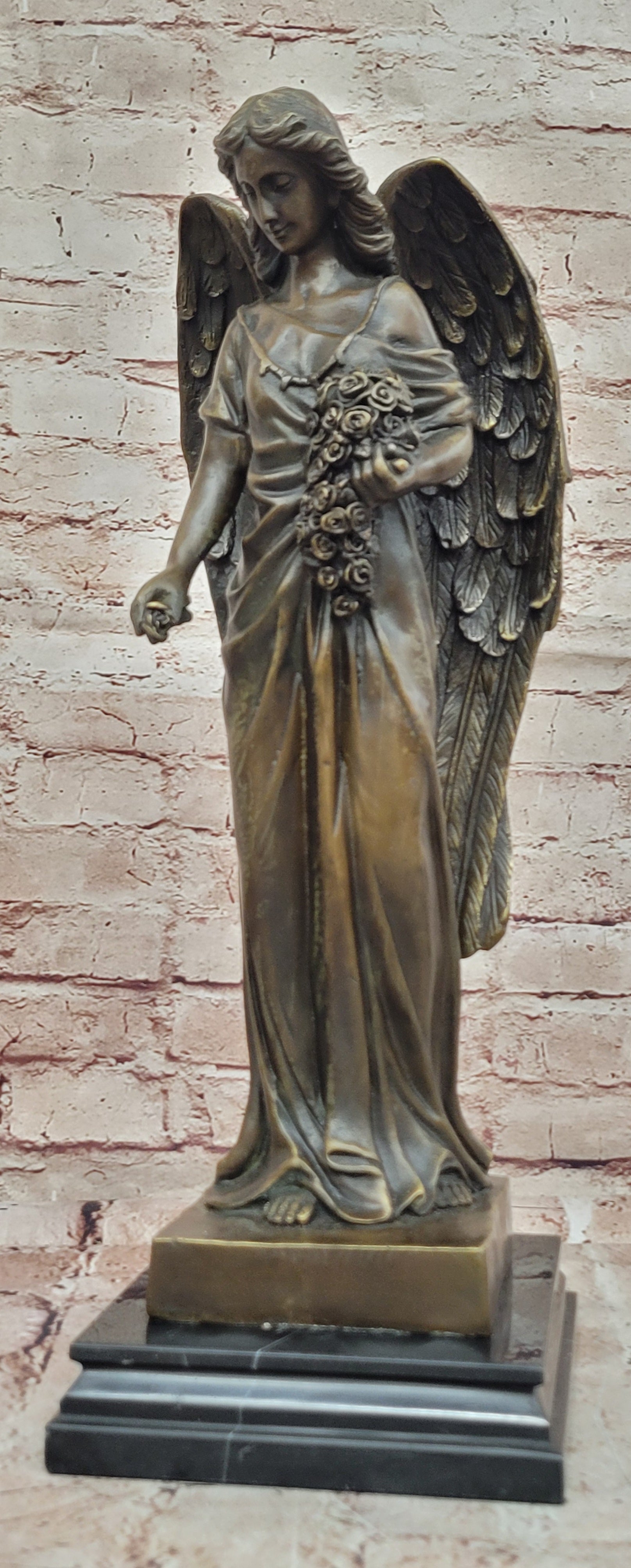 Young Angel Bronze Statue with Flower Bouquet  Indoor/Outdoor Sculpture Statue