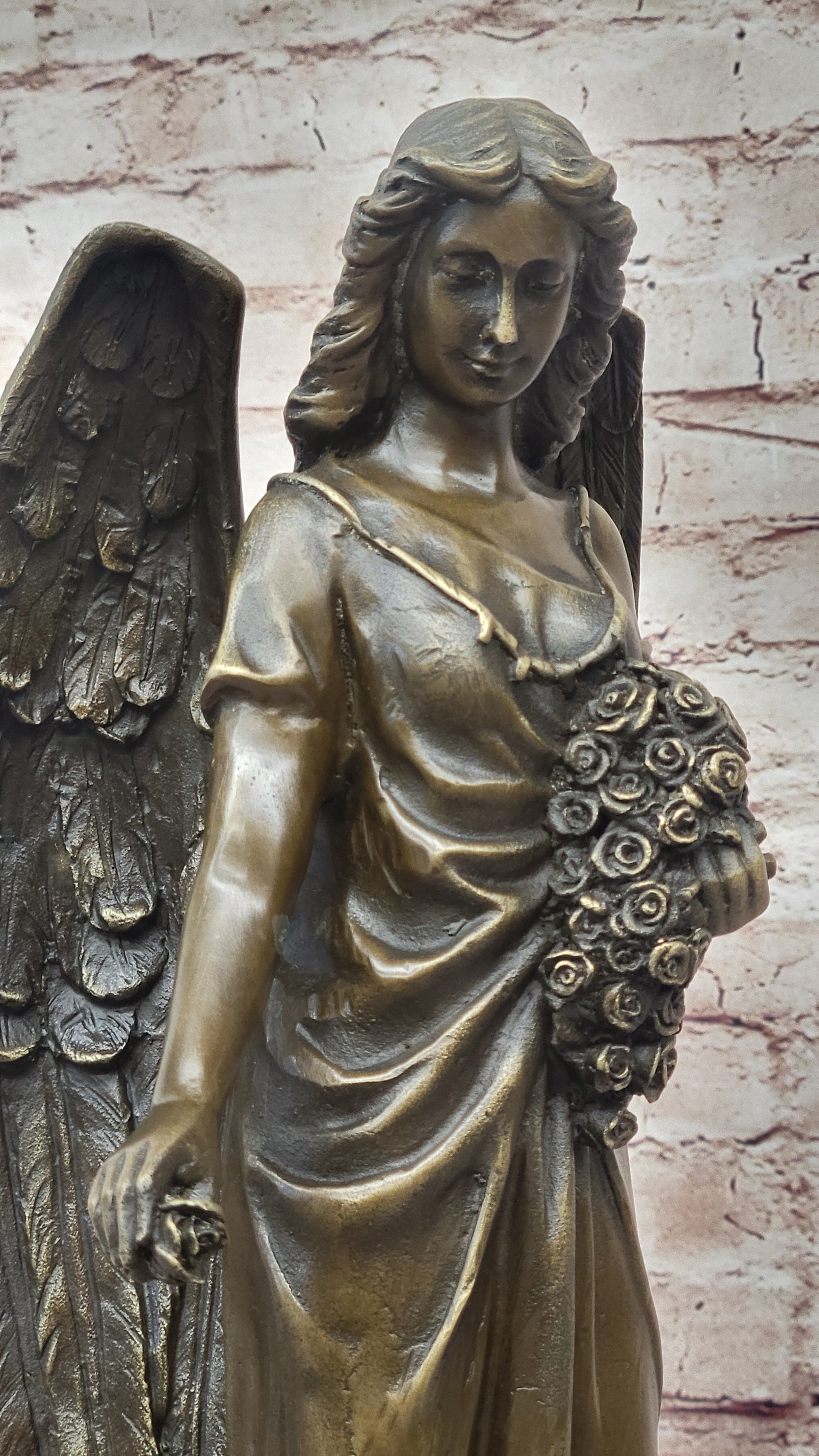 Young Angel Bronze Statue with Flower Bouquet  Indoor/Outdoor Sculpture Statue